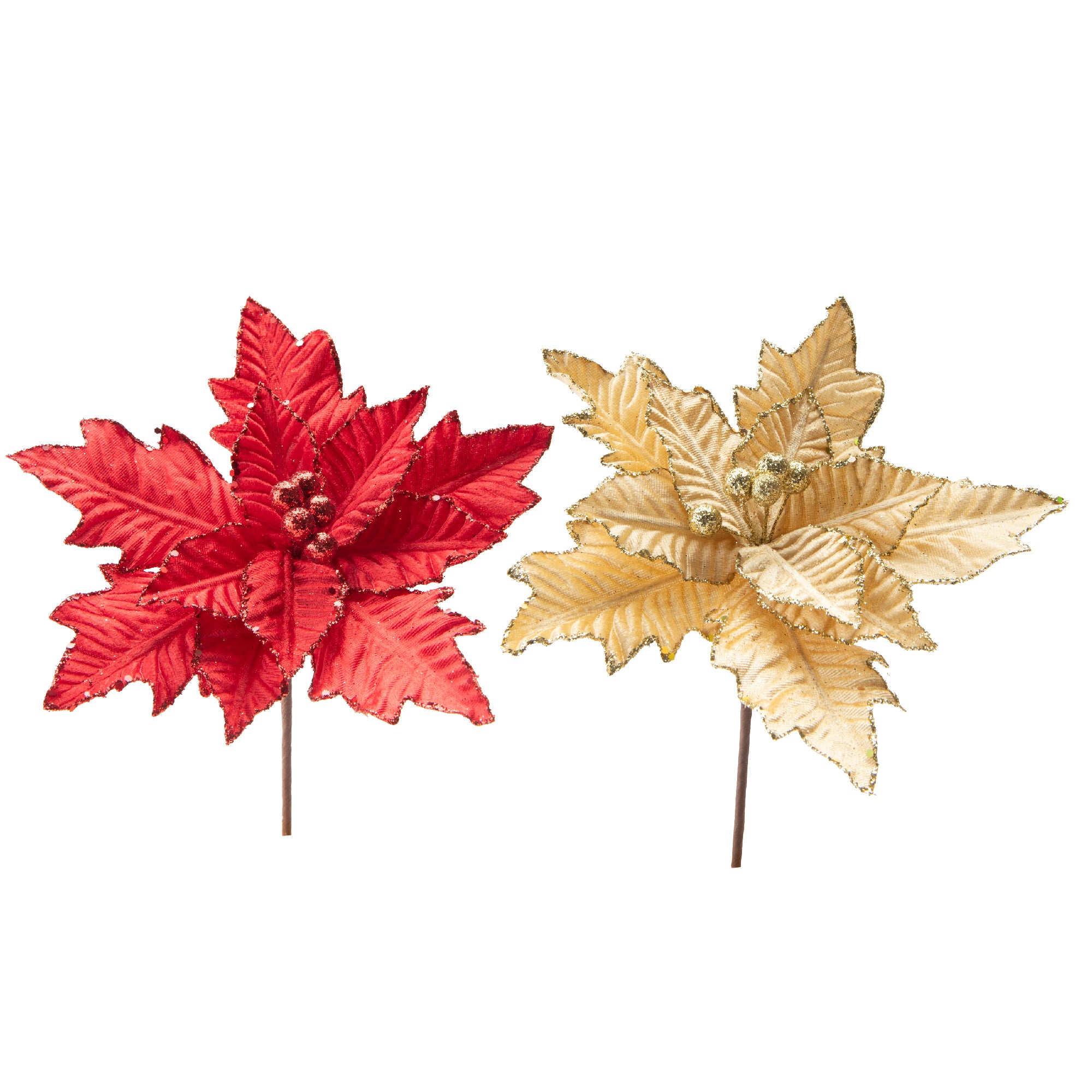 Metallic Poinsettia with Glitter Berries Pick Assorted, Christmas, Floral Pick, Holiday Decor- Set of 4