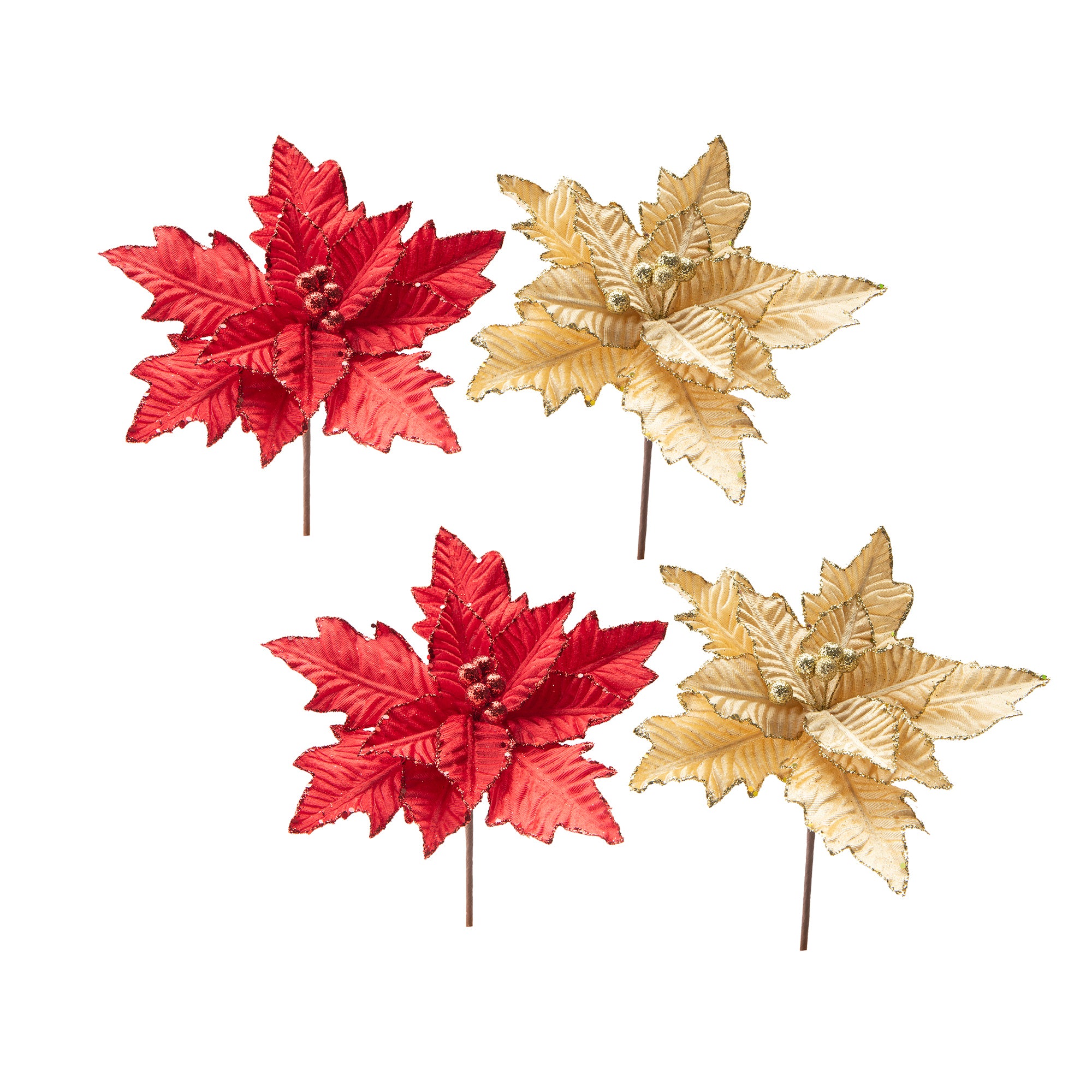 Metallic Poinsettia with Glitter Berries Pick Assorted, Christmas, Floral Pick, Holiday Decor- Set of 4
