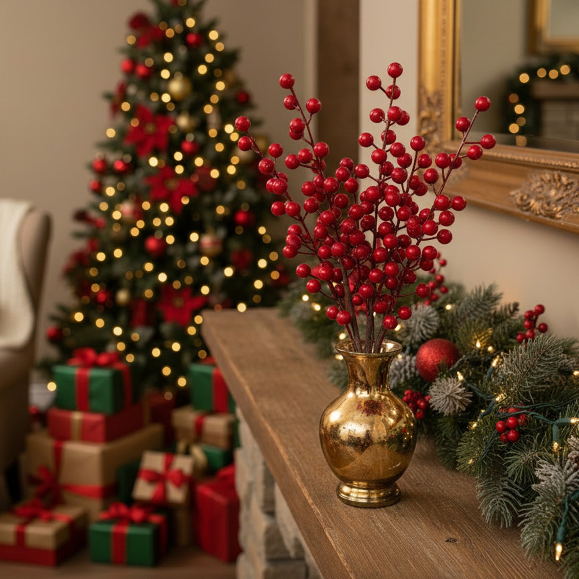12" Red Berries Pick, Holiday Decor- Set of 6