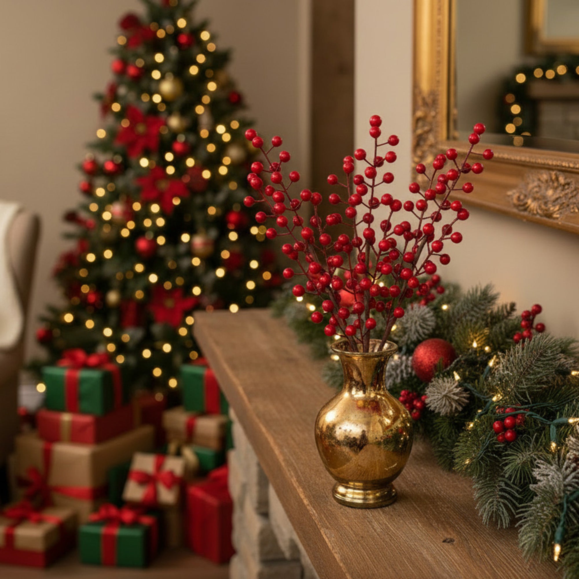 18" Red Berries Spray, Floral Pick, Holiday Decor- Set of 6