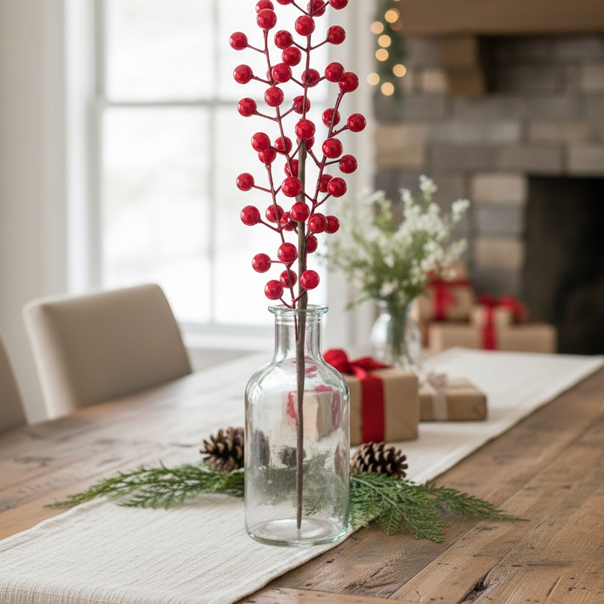 18" Red Berries Spray, Floral Pick, Holiday Decor- Set of 6