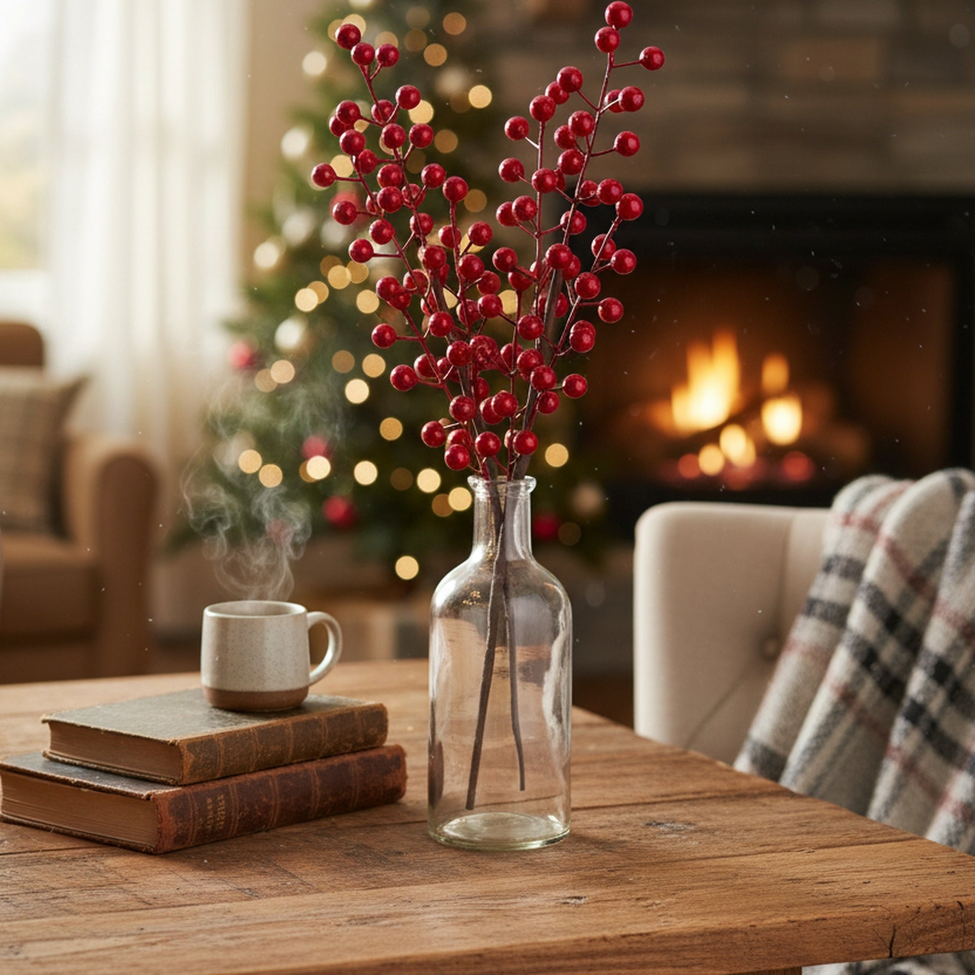 18" Red Berries Spray, Floral Pick, Holiday Decor- Set of 6
