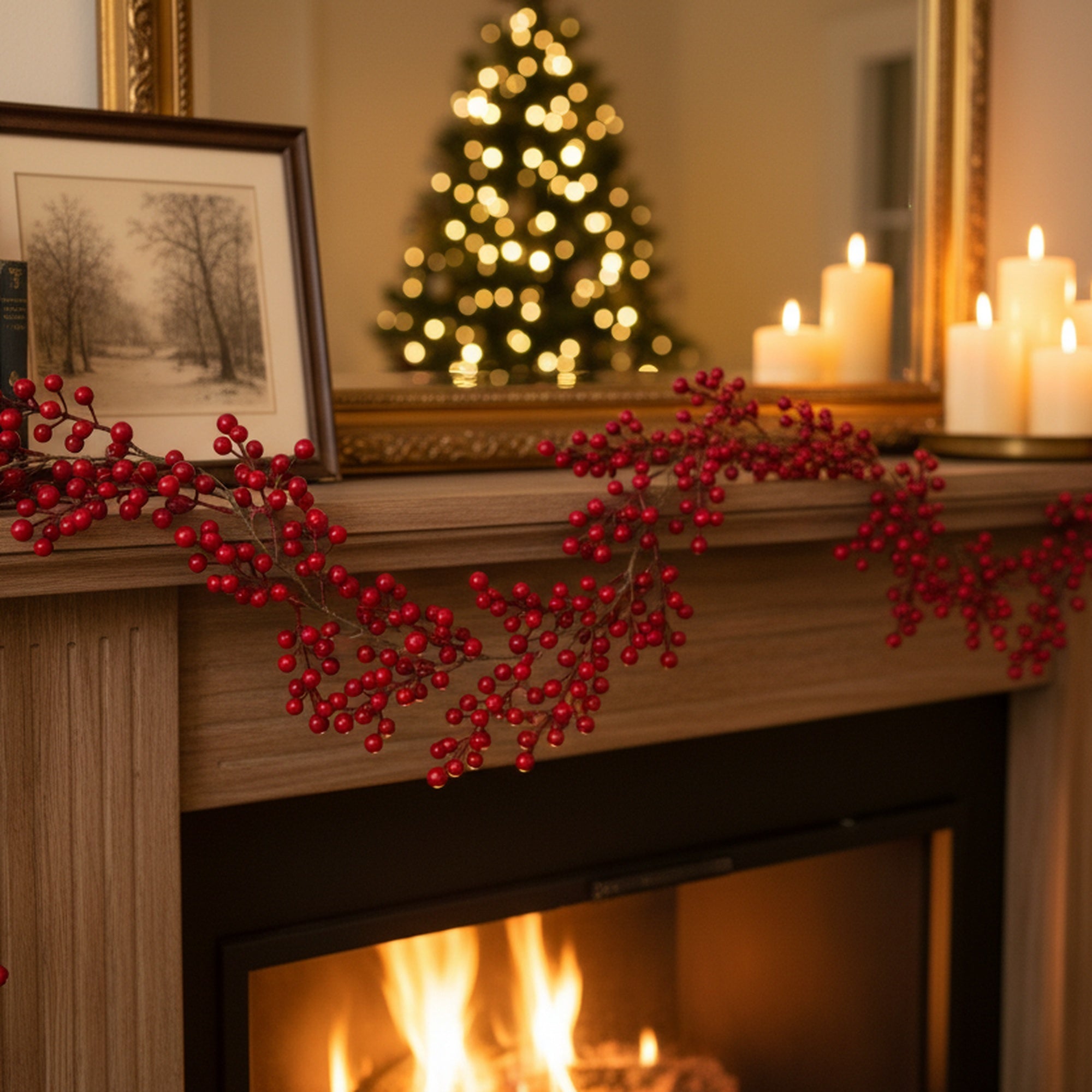 Red Berries Garland, Garland, Holiday Decor