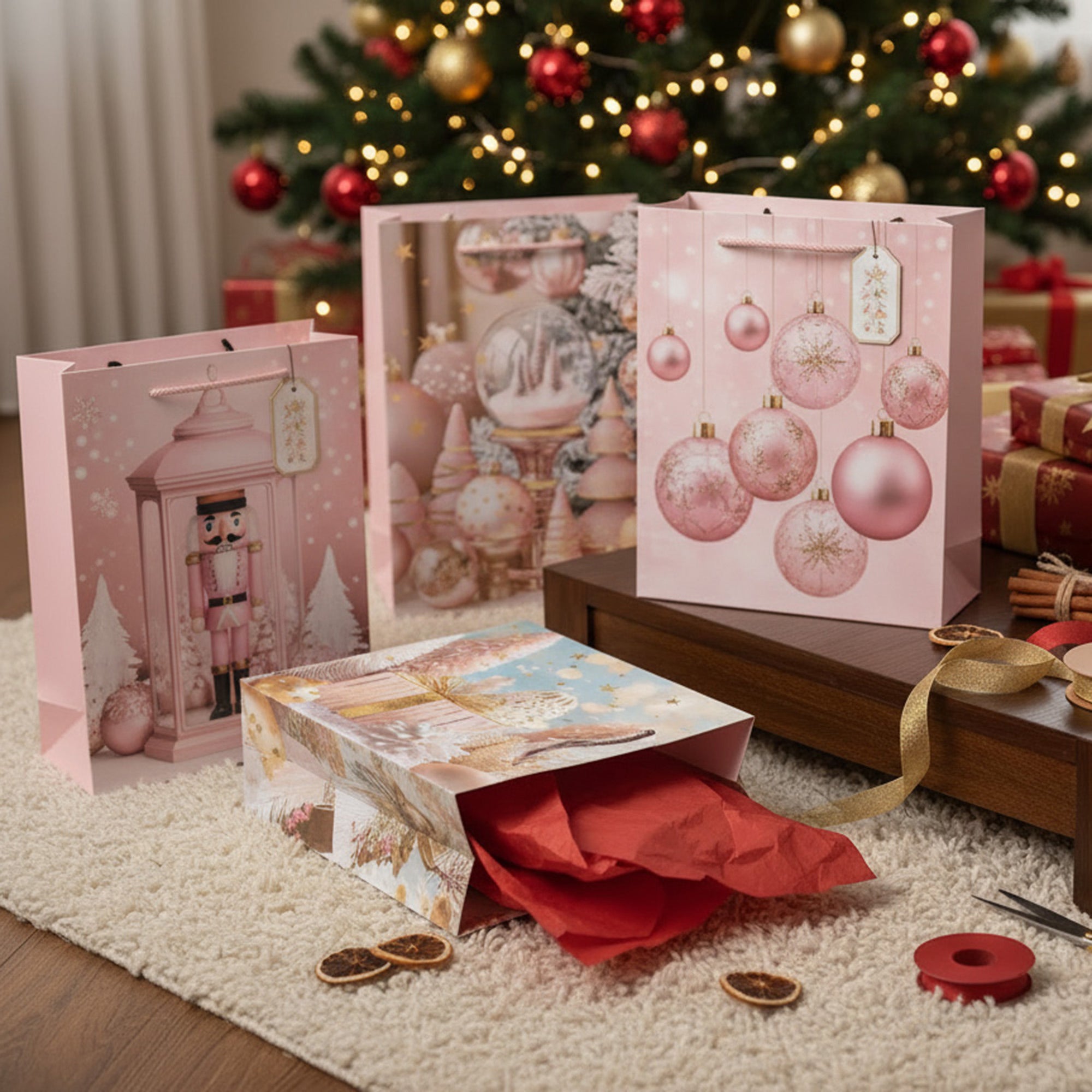 Christmas Gift Bags Pastel Ornaments Assorted Medium, Christmas, Holiday Decor- Set of 12