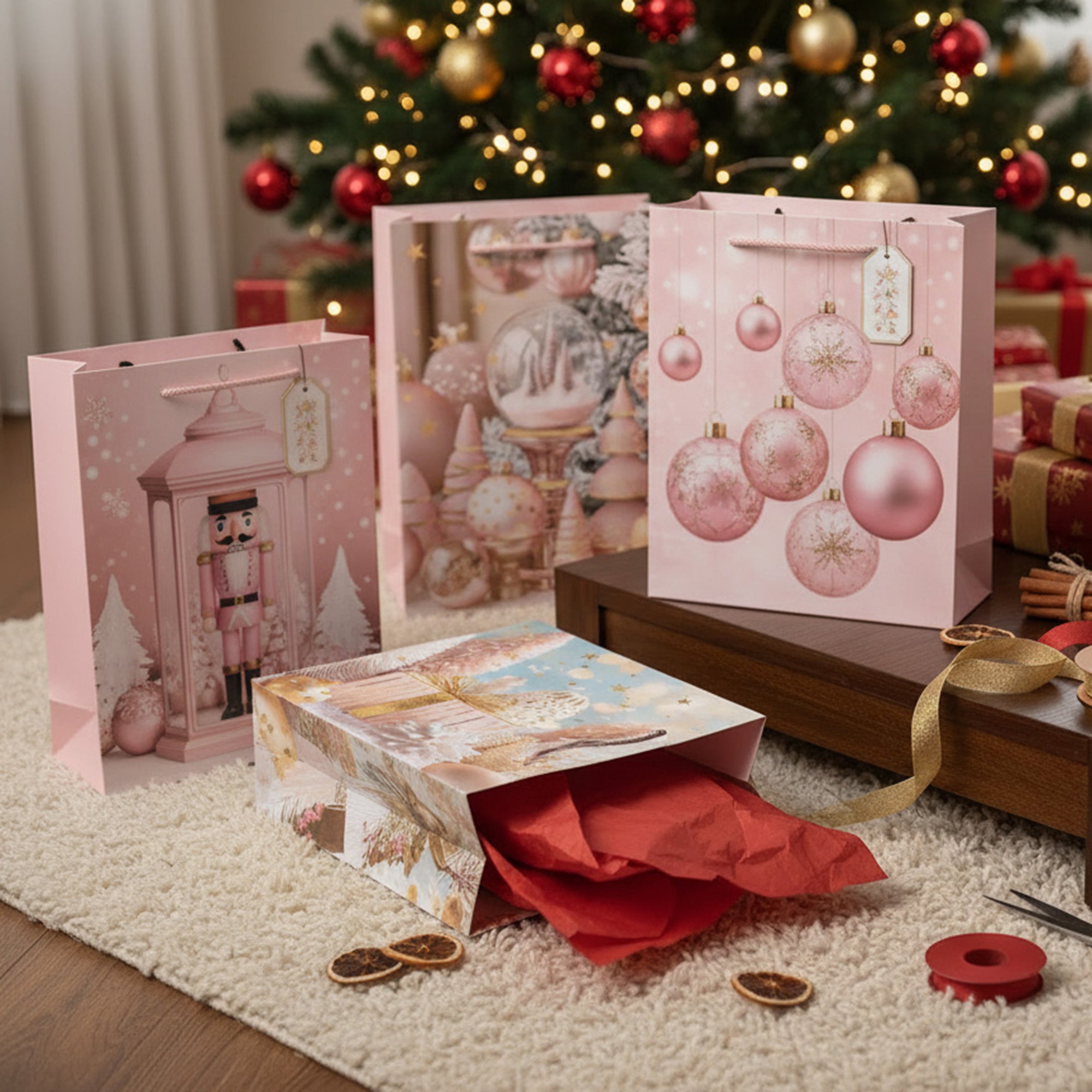 Christmas Gift Bags Pastel Ornaments Assorted Large, Christmas, Holiday Decor- Set of 12