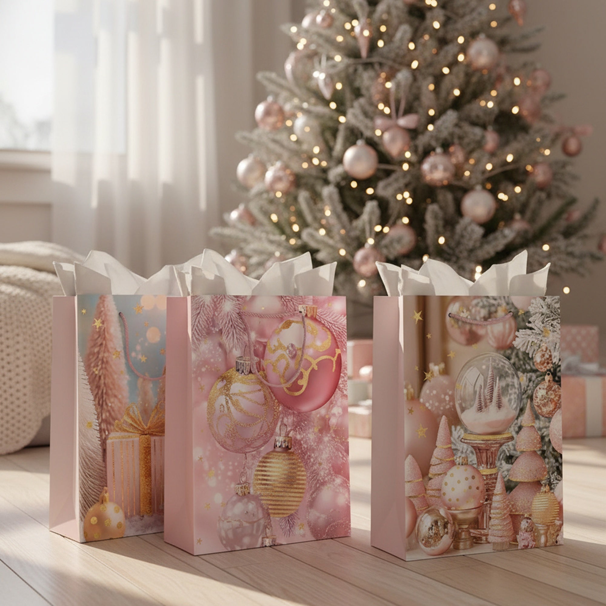 Christmas Gift Bags Pastel Ornaments Assorted Large, Christmas, Holiday Decor- Set of 12