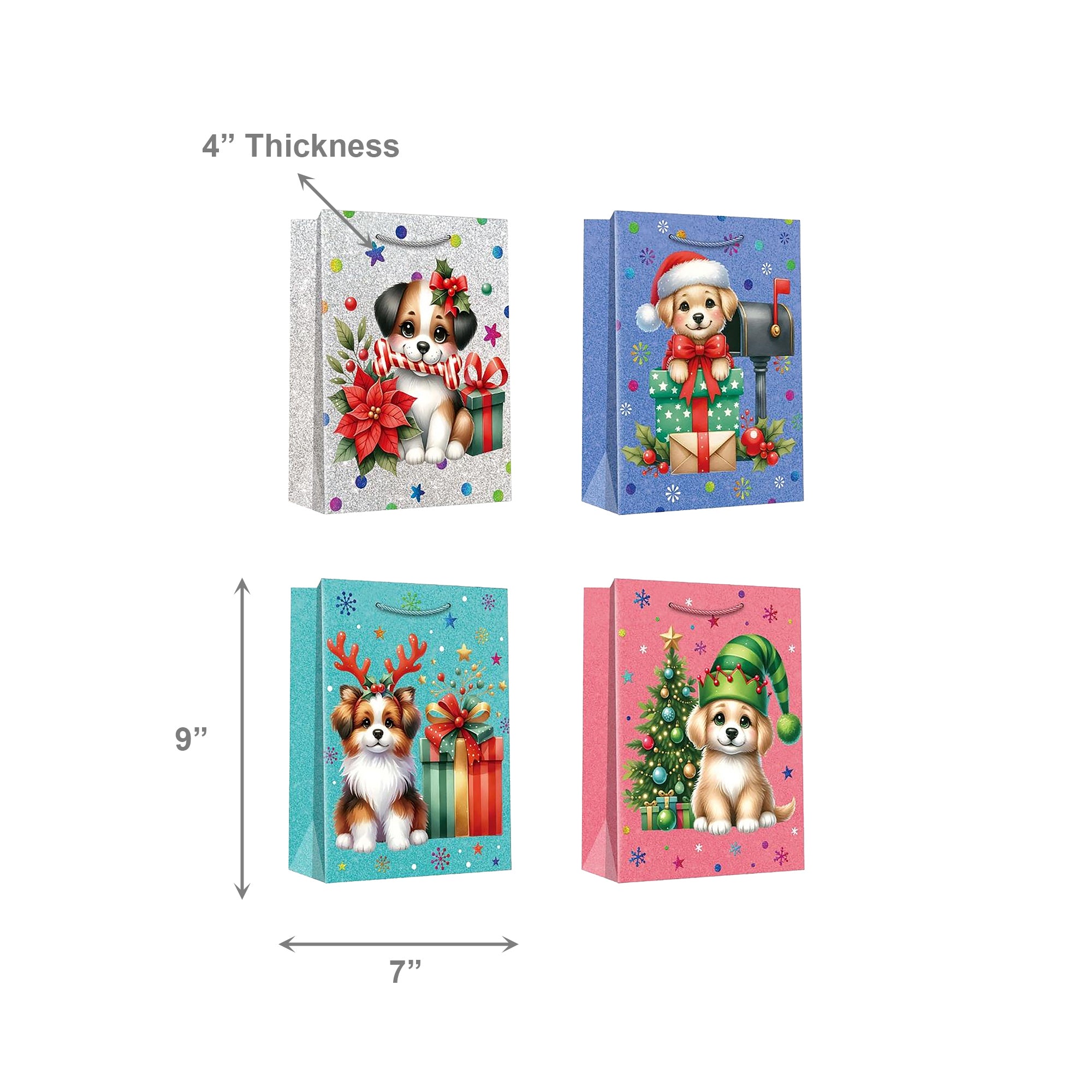 Christmas Gift Bags Festive Dog Assorted Medium, Christmas, Holiday Decor- Set of 12