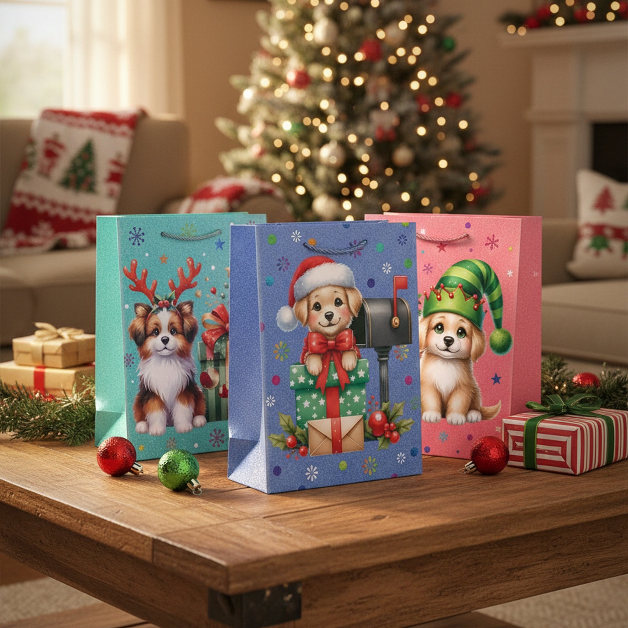 Christmas Gift Bags Festive Dog Assorted Medium, Christmas, Holiday Decor- Set of 12