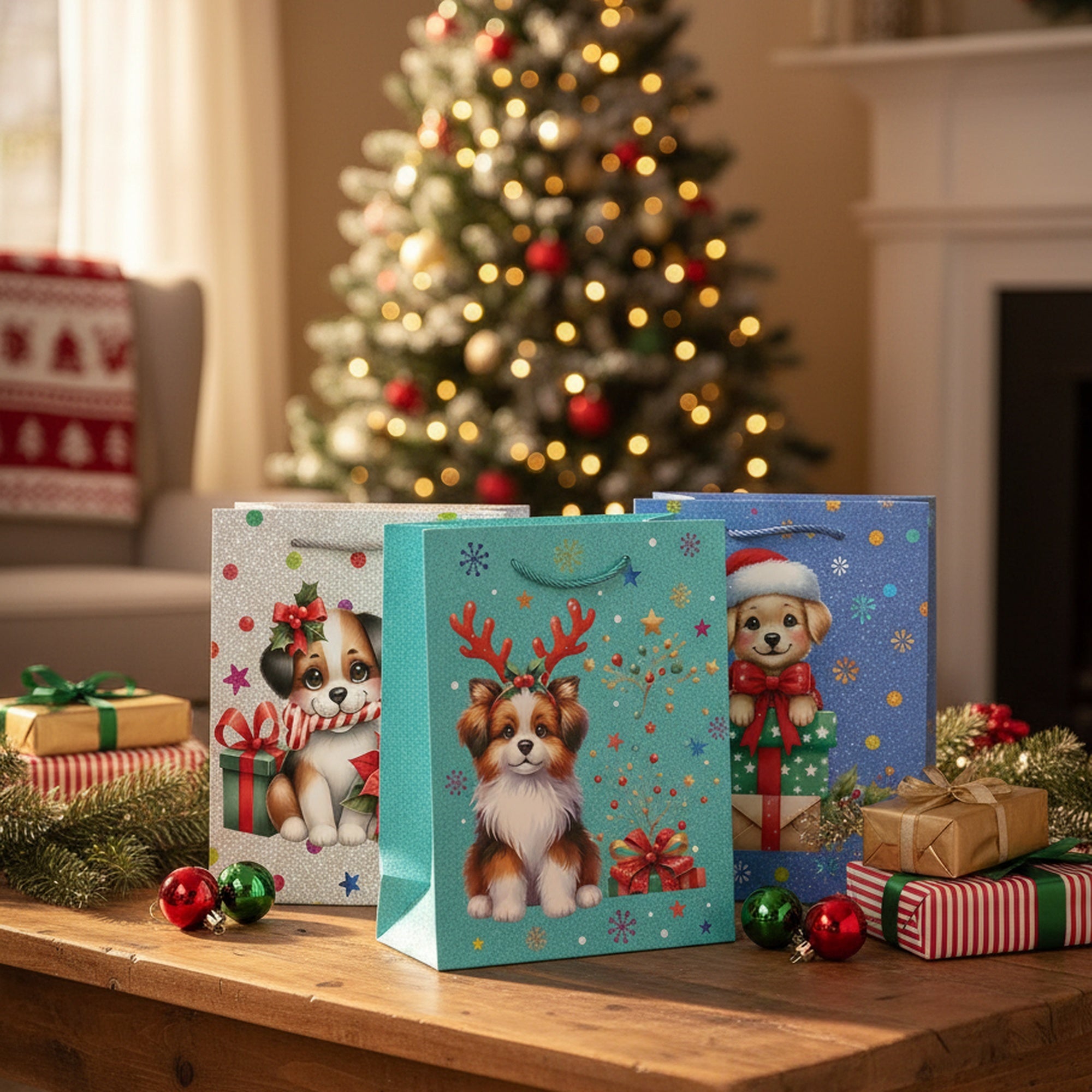 Christmas Gift Bags Festive Dog Assorted Medium, Christmas, Holiday Decor- Set of 12