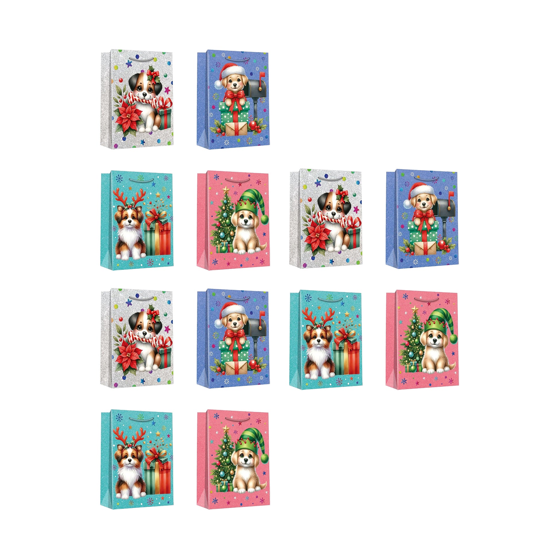 Christmas Gift Bags Festive Dog Assorted Medium, Christmas, Holiday Decor- Set of 12
