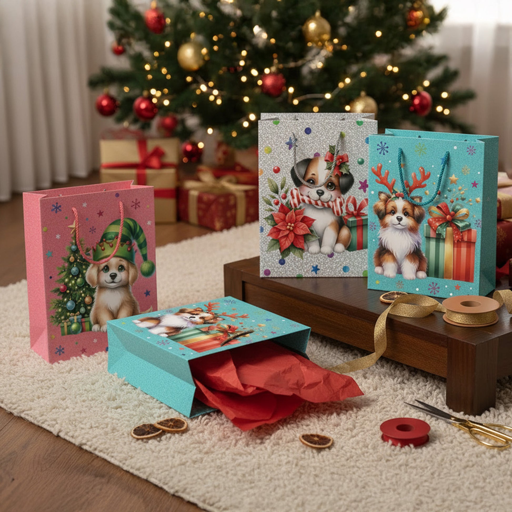Christmas Gift Bags Festive Dog Assorted Large, Christmas, Holiday Decor- Set of 12
