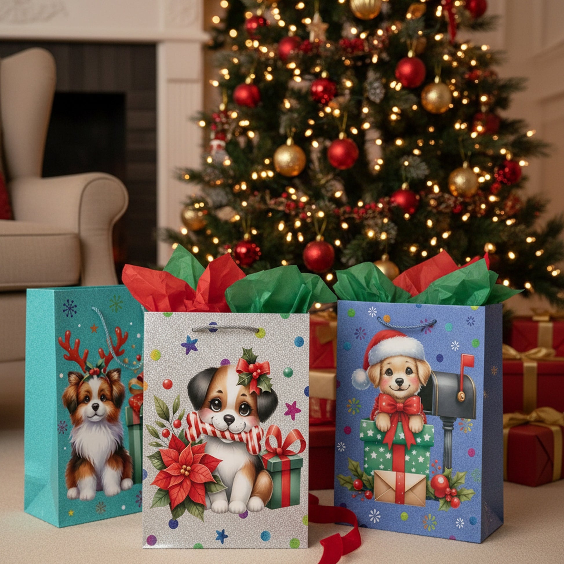 Christmas Gift Bags Festive Dog Assorted Large, Christmas, Holiday Decor- Set of 12