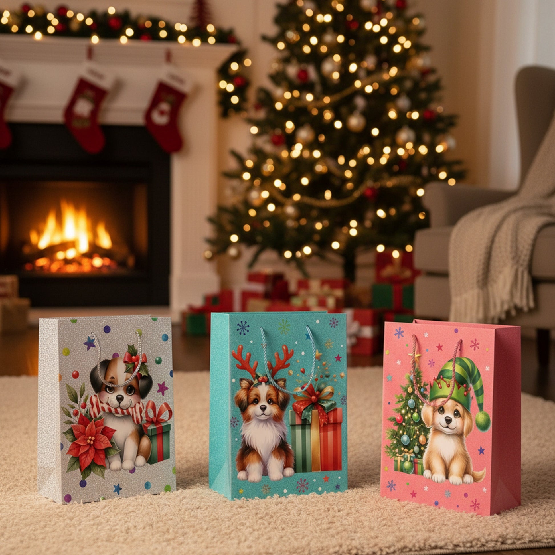 Christmas Gift Bags Festive Dog Assorted Large, Christmas, Holiday Decor- Set of 12
