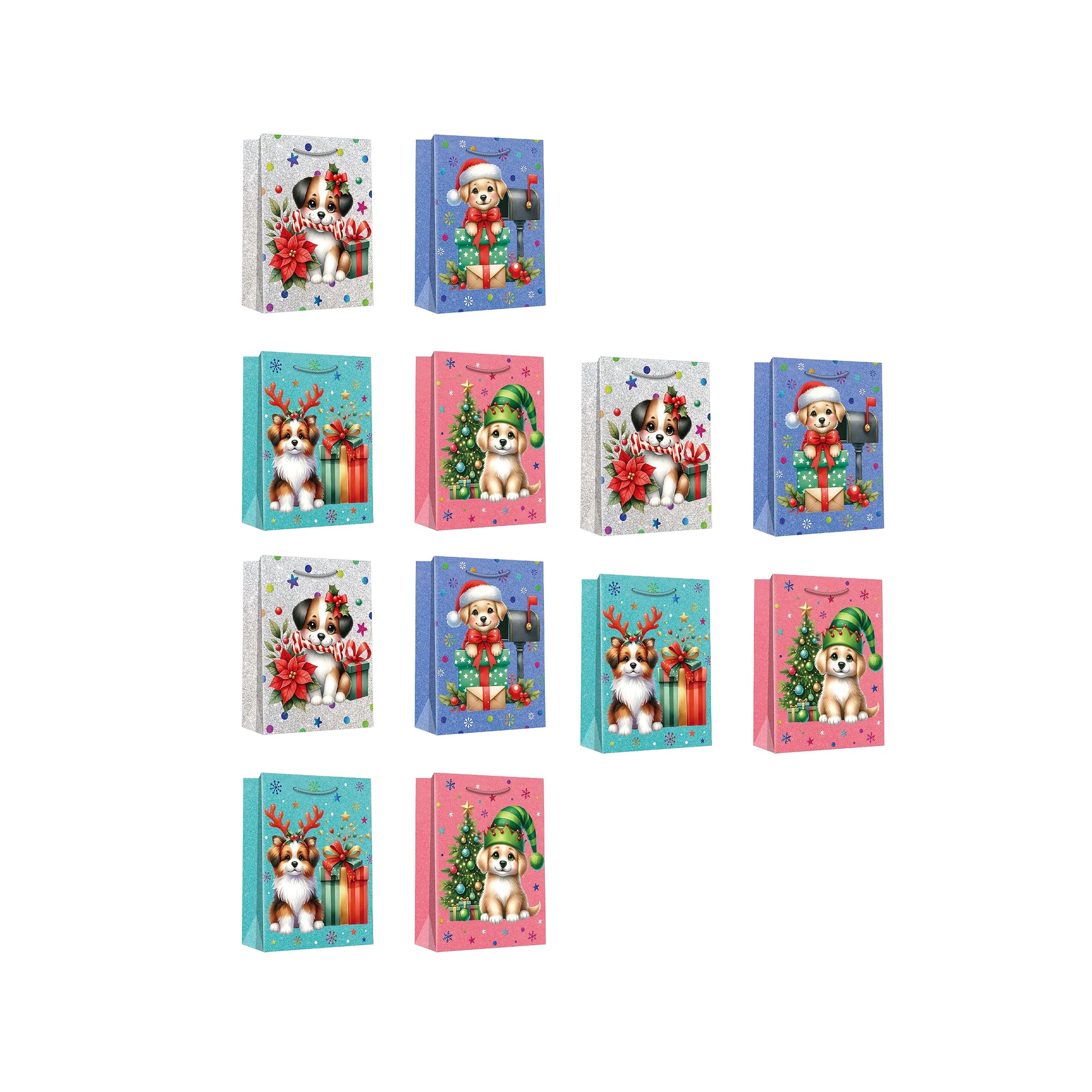 Christmas Gift Bags Festive Dog Assorted Large, Christmas, Holiday Decor- Set of 12