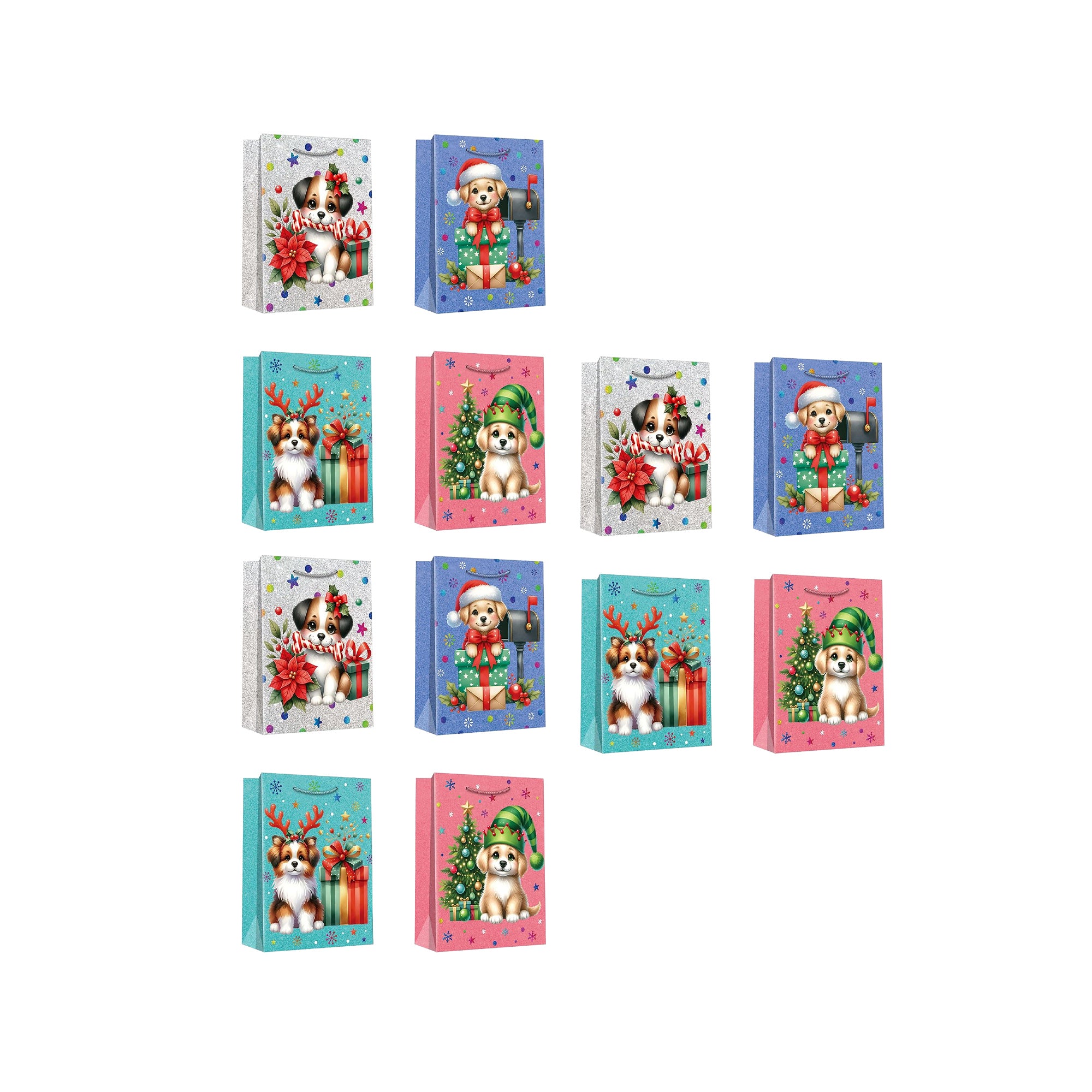 Christmas Gift Bags Festive Dog Assorted Large, Christmas, Holiday Decor- Set of 12