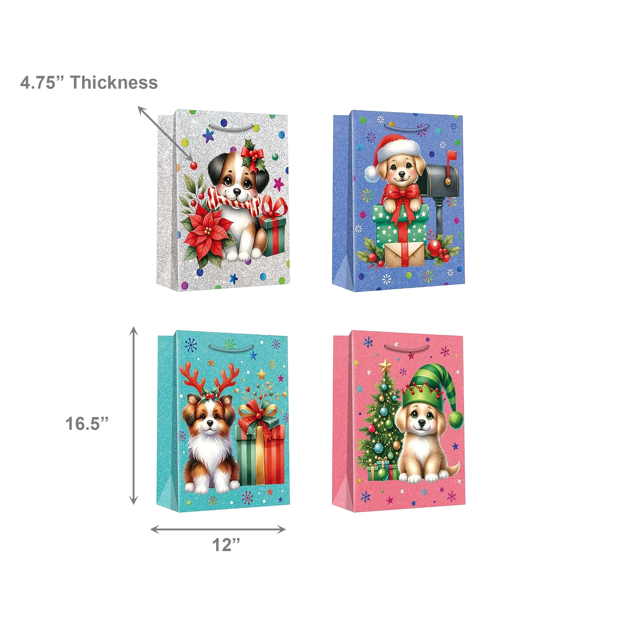 Christmas Gift Bags Festive Dog Assorted Extra Large, Christmas, Holiday Decor- Set of 12