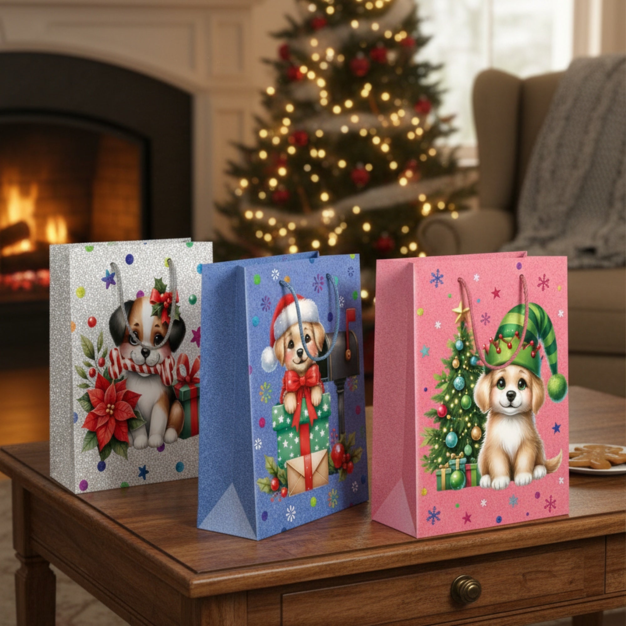 Christmas Gift Bags Festive Dog Assorted Extra Large, Christmas, Holiday Decor- Set of 12