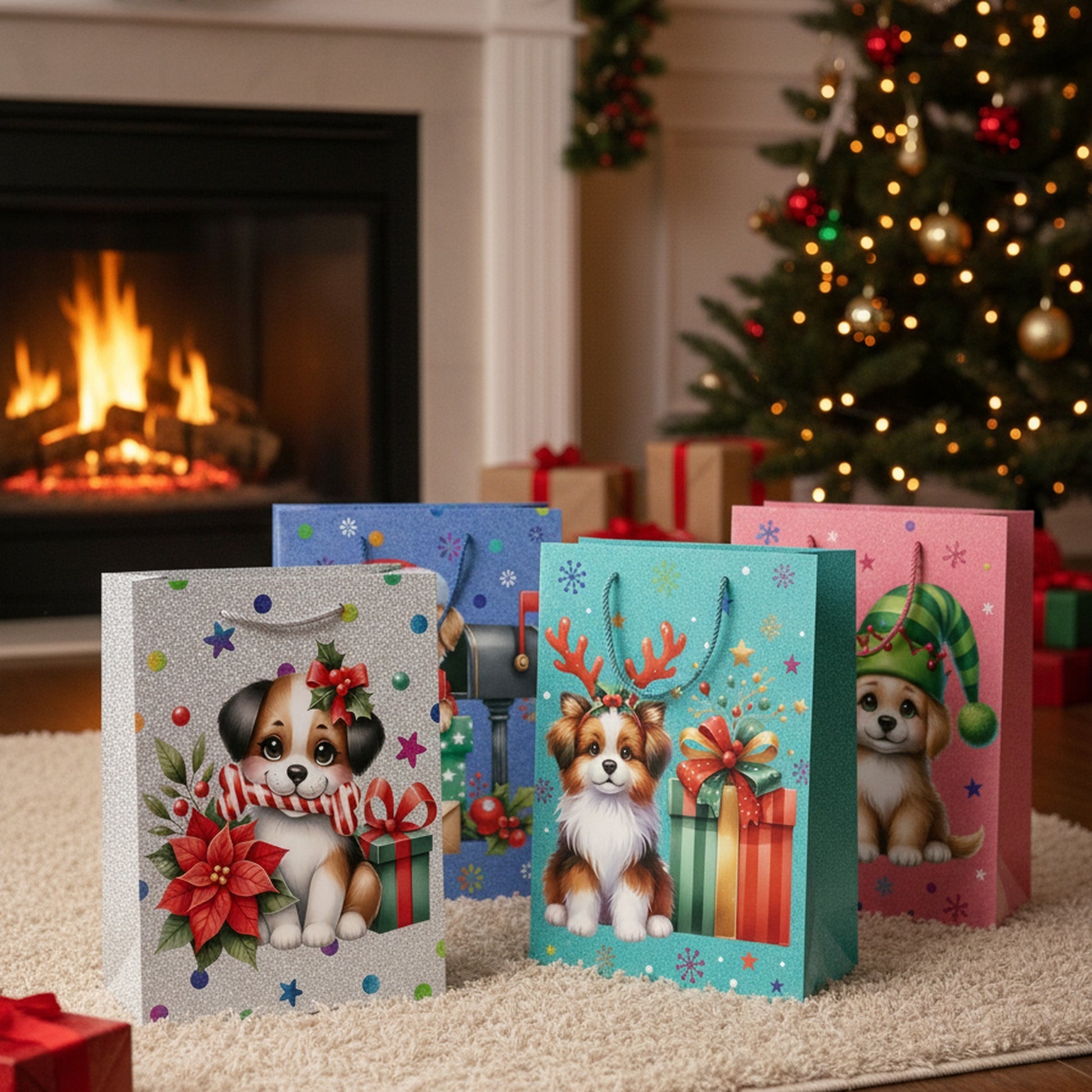 Christmas Gift Bags Festive Dog Assorted Extra Large, Christmas, Holiday Decor- Set of 12