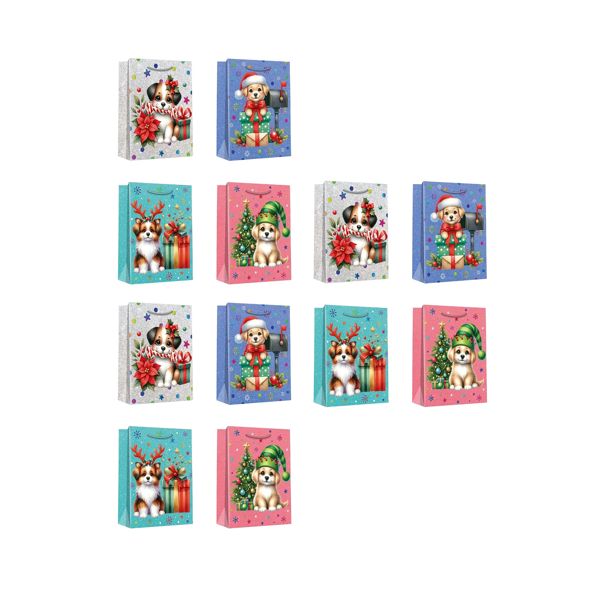 Christmas Gift Bags Festive Dog Assorted Extra Large, Christmas, Holiday Decor- Set of 12
