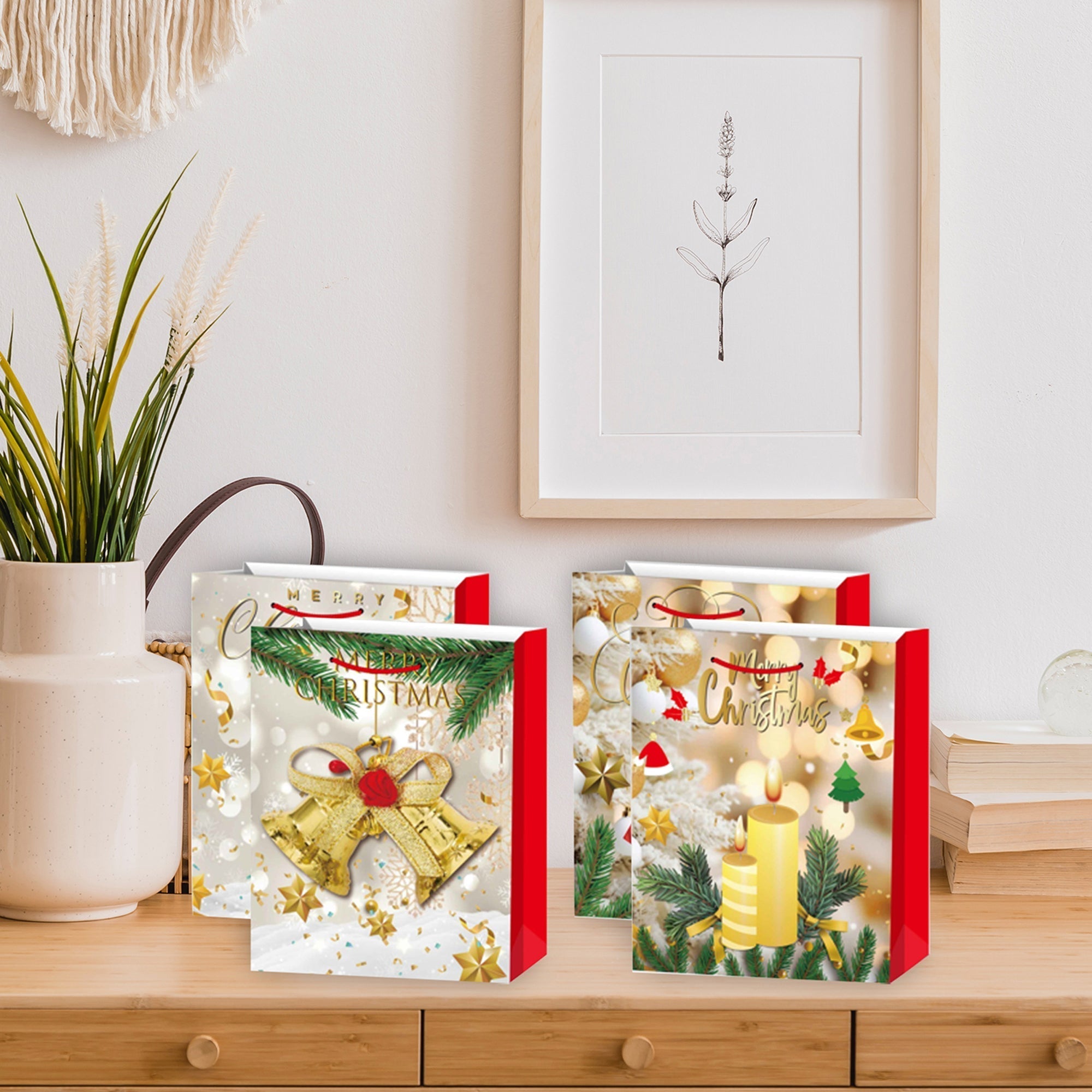 Christmas Gift Bags Set of 12 Gold Merry Christmas Medium – Holiday Gift Bag, Christmas Packaging, Festive Party Bags
