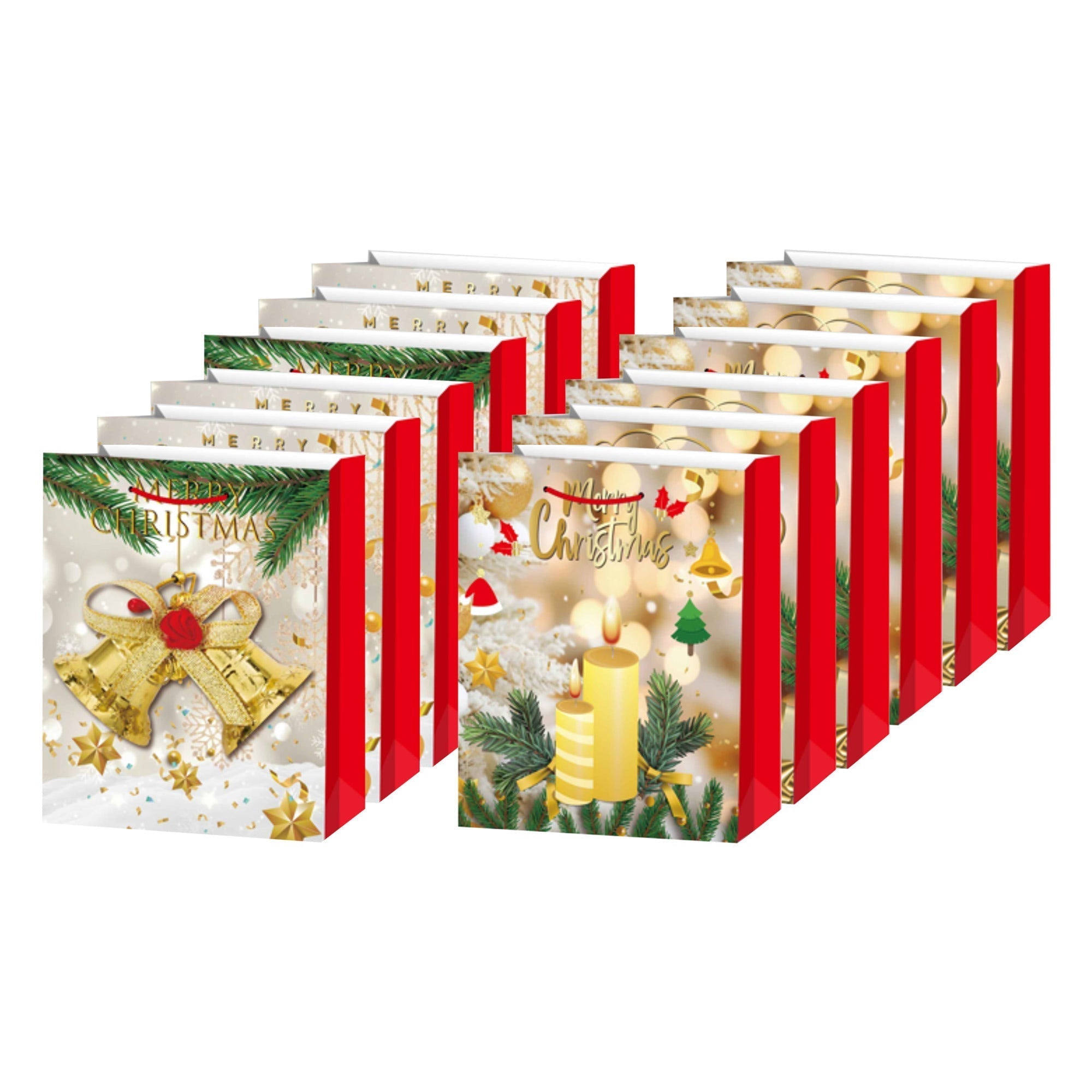 Christmas Gift Bags Set of 12 Gold Merry Christmas Medium – Holiday Gift Bag, Christmas Packaging, Festive Party Bags