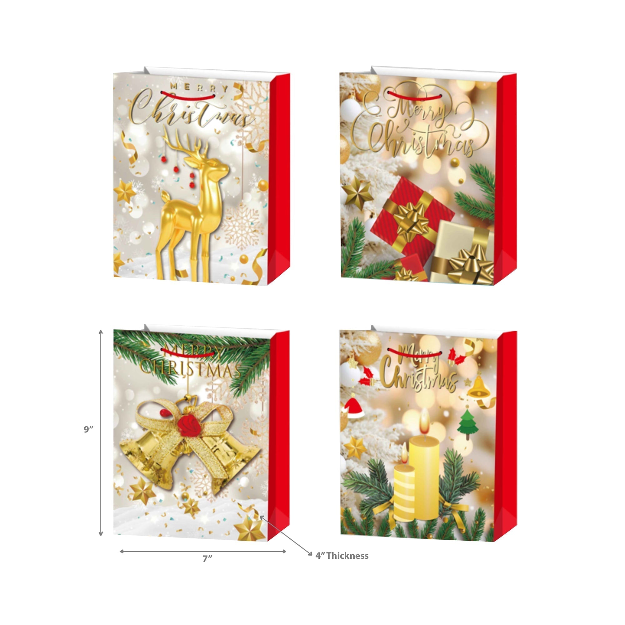 Christmas Gift Bags Set of 12 Gold Merry Christmas Medium – Holiday Gift Bag, Christmas Packaging, Festive Party Bags