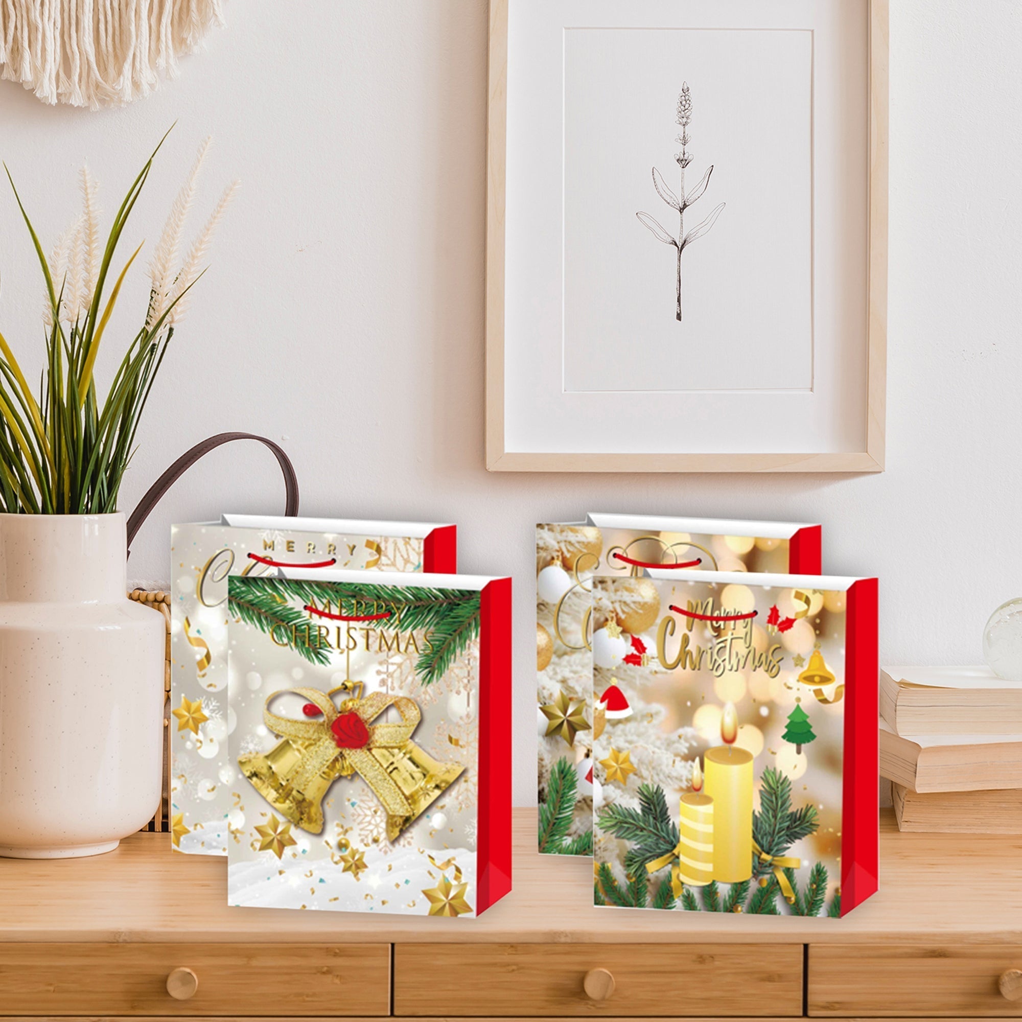 Christmas Gift Bags Set of 12 Gold Merry Christmas Large – Holiday Gift Bag, Christmas Packaging, Festive Party Bags
