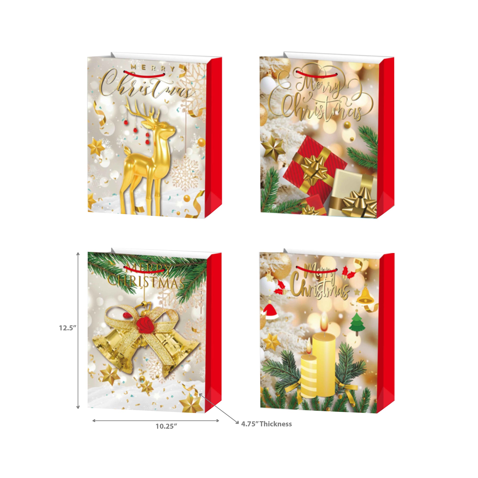 Christmas Gift Bags Set of 12 Gold Merry Christmas Large – Holiday Gift Bag, Christmas Packaging, Festive Party Bags