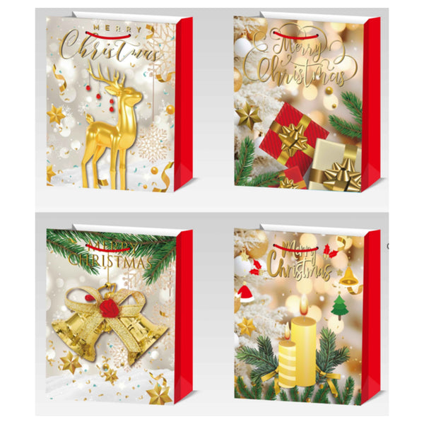 Christmas Gift Bags (Gold Merry Christmas) (Asstd) (X-Large) - Set of 12