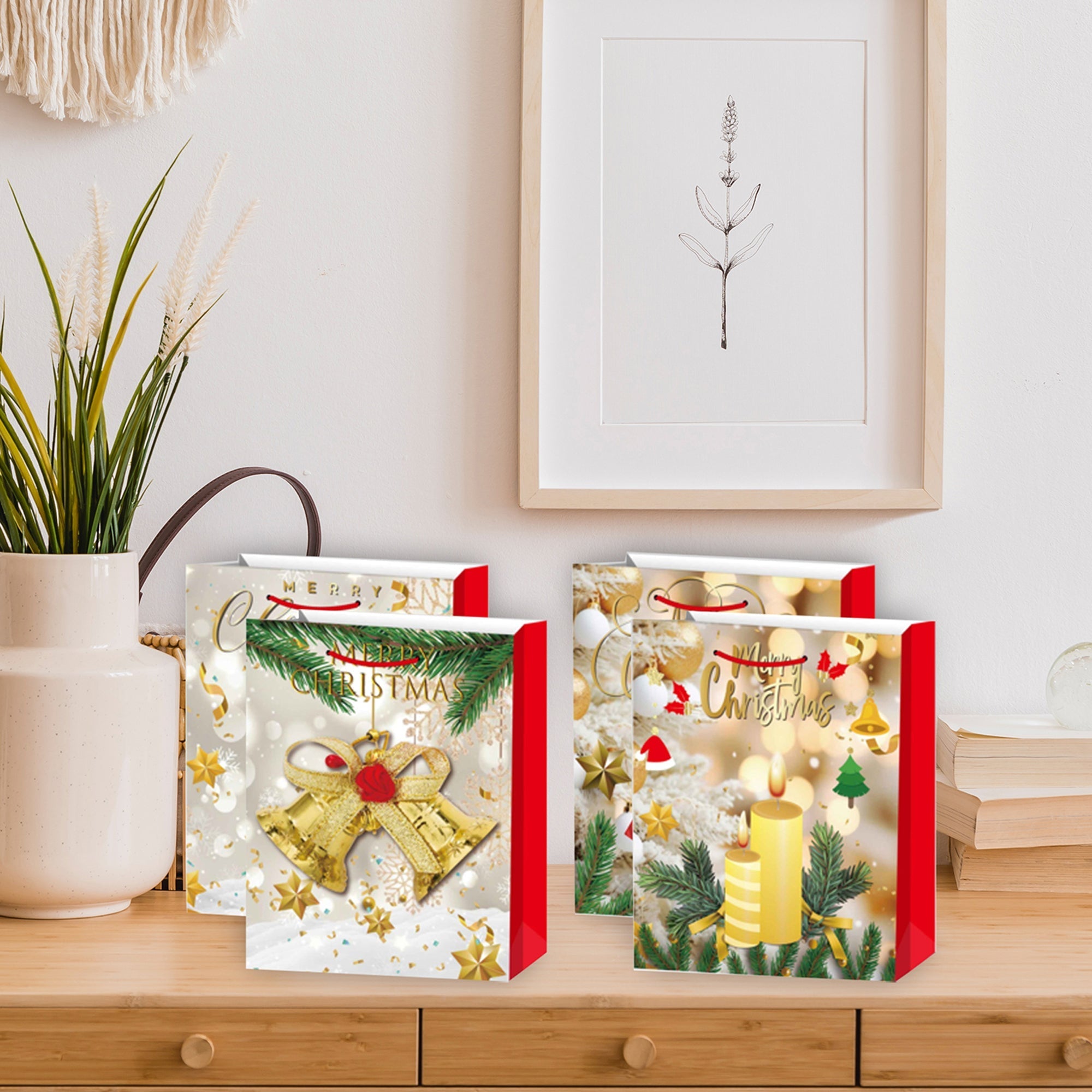 Christmas Gift Bags Set of 12 Gold Merry Christmas X-Large – Holiday Gift Bag, Christmas Packaging, Festive Party Bags