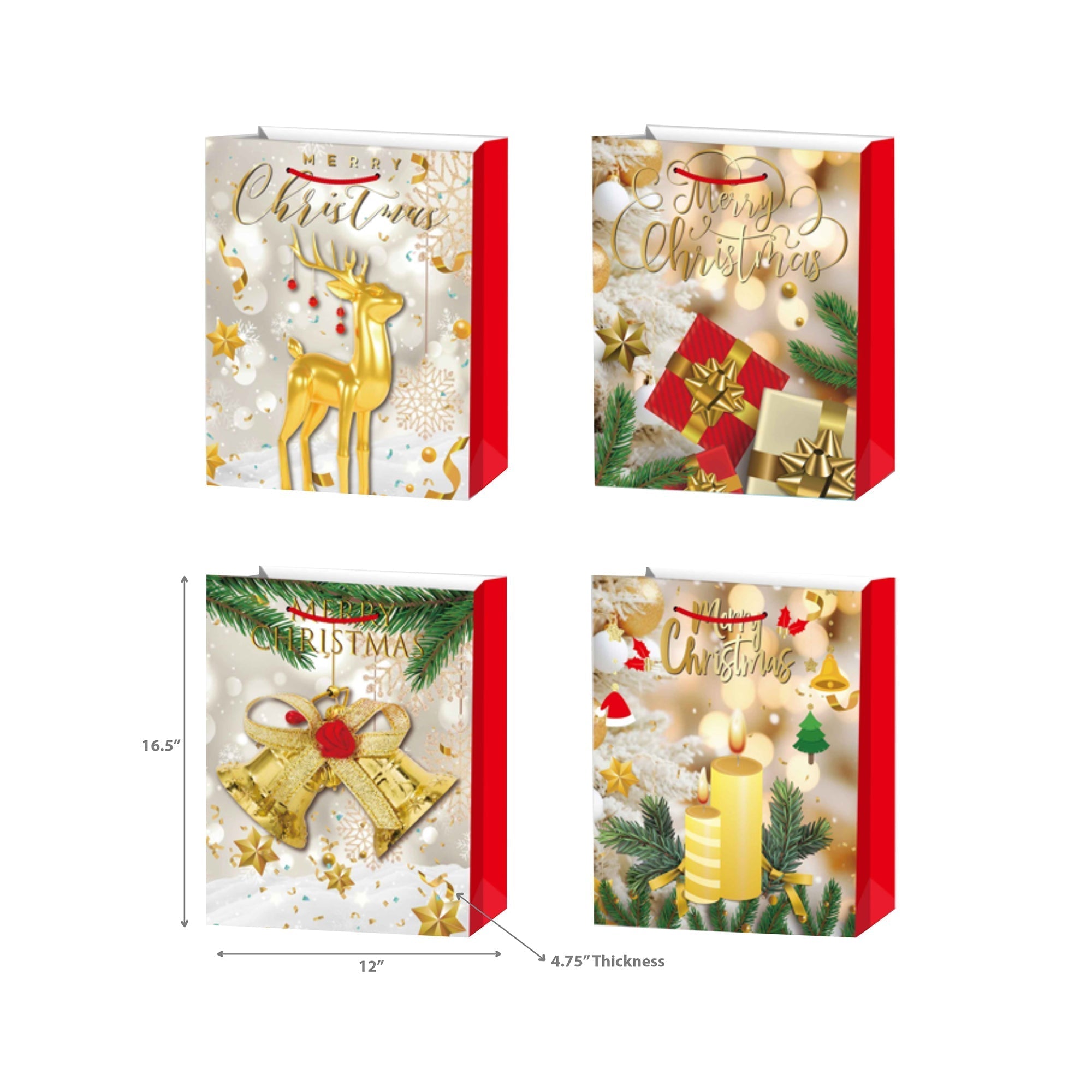 Christmas Gift Bags Set of 12 Gold Merry Christmas X-Large – Holiday Gift Bag, Christmas Packaging, Festive Party Bags