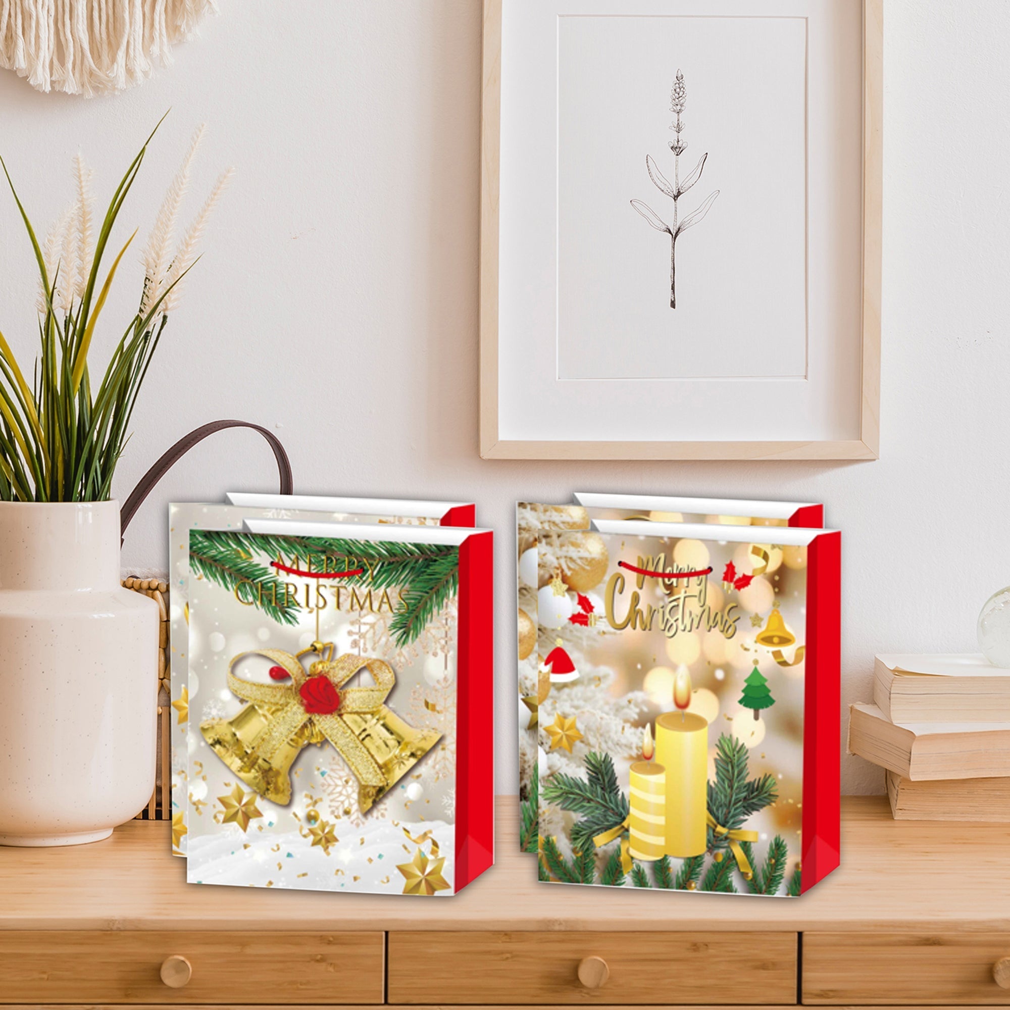 Christmas Gift Bags Set of 12 Gold Merry Christmas 2XL – Holiday Gift Bag, Christmas Packaging, Festive Party Bags