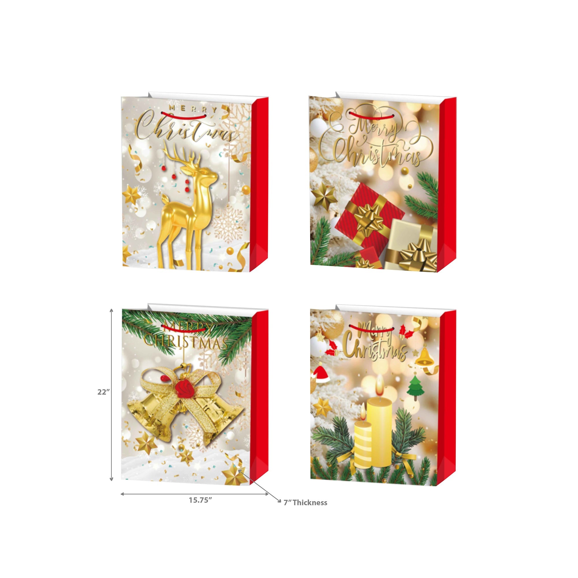 Christmas Gift Bags Set of 12 Gold Merry Christmas 2XL – Holiday Gift Bag, Christmas Packaging, Festive Party Bags