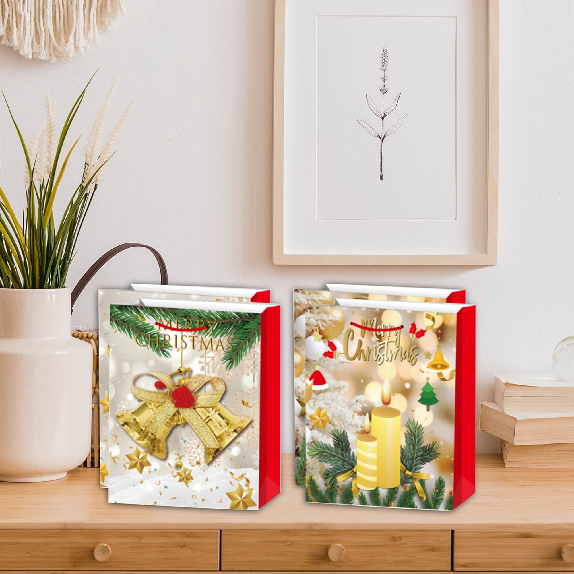 Christmas Gift Bags Set of 12 Gold Merry Christmas 3XL – Holiday Gift Bag, Christmas Packaging, Festive Party Bags