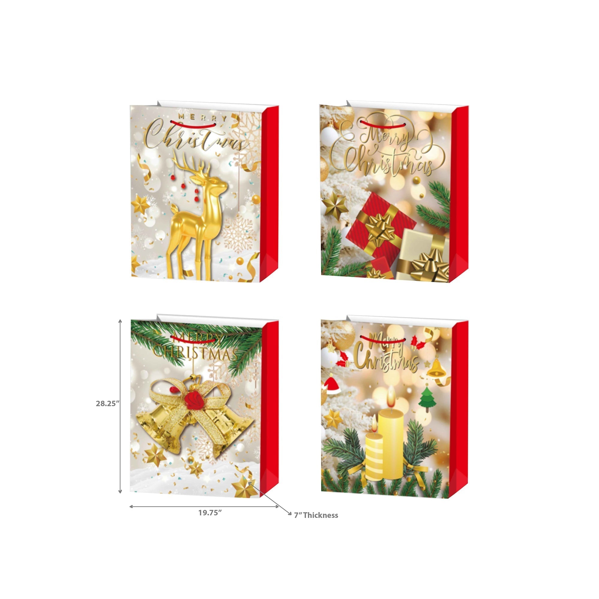 Christmas Gift Bags Set of 12 Gold Merry Christmas 3XL – Holiday Gift Bag, Christmas Packaging, Festive Party Bags