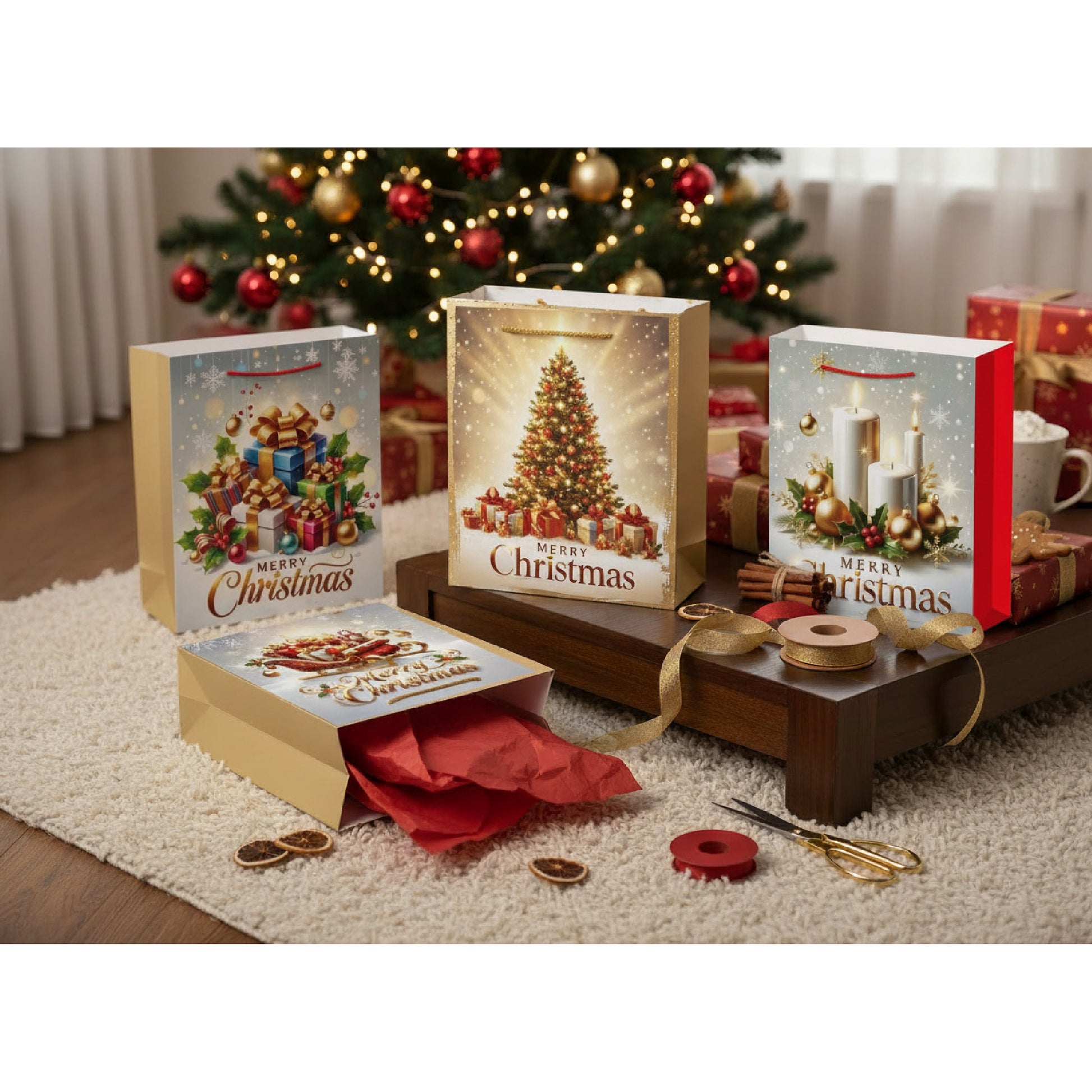 Christmas Gift Bags Merry Christmas Assorted Medium, Christmas, Holiday Decor- Set of 12