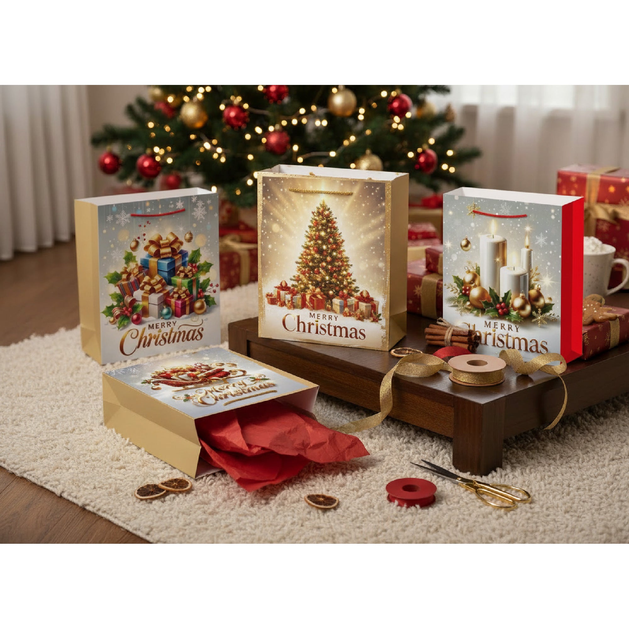 Christmas Gift Bags Merry Christmas Assorted Medium, Christmas, Holiday Decor- Set of 12