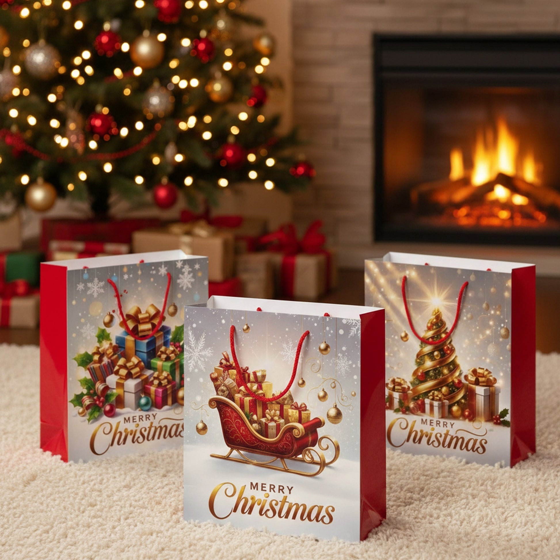 Christmas Gift Bags Merry Christmas Assorted Medium, Christmas, Holiday Decor- Set of 12