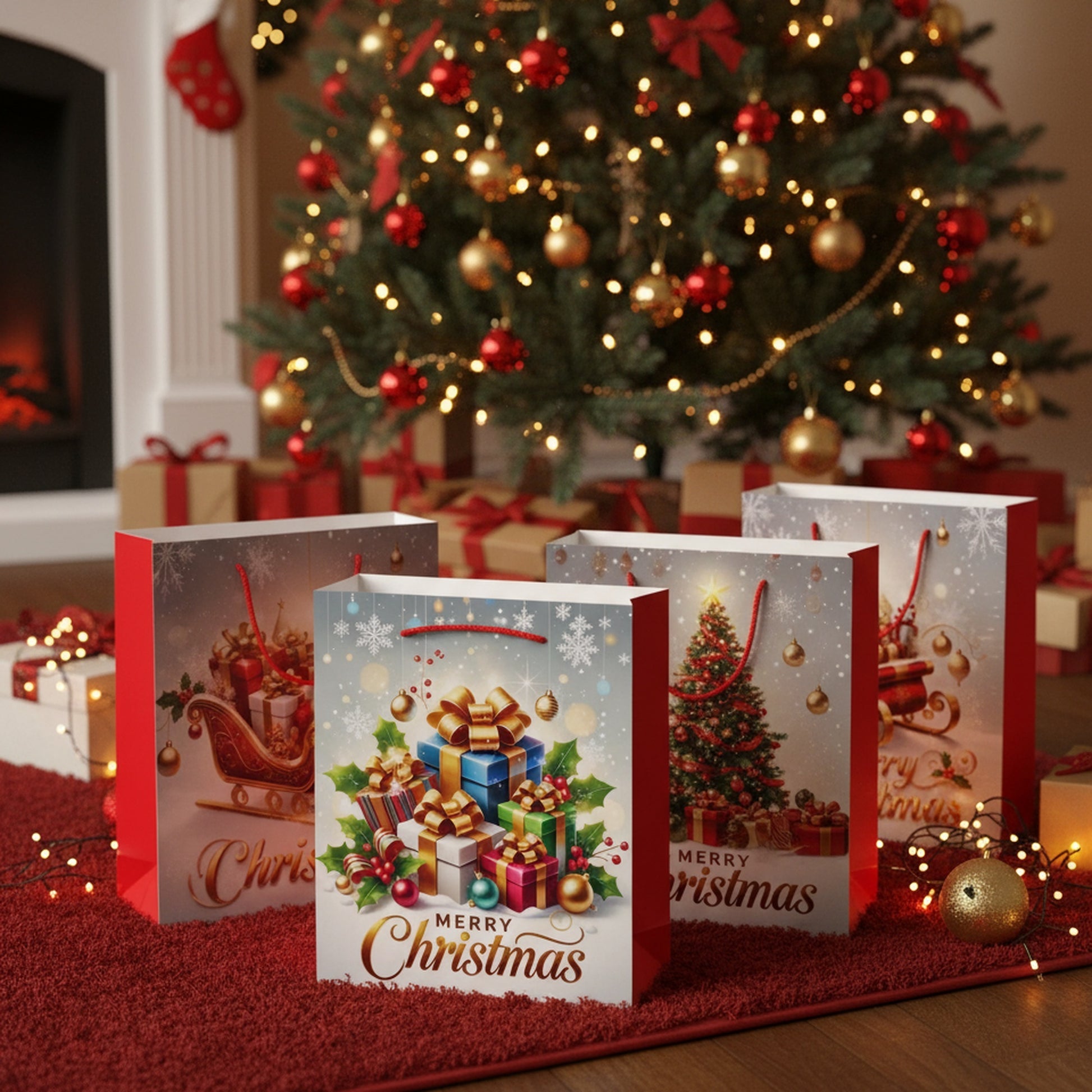 Christmas Gift Bags Merry Christmas Assorted Medium, Christmas, Holiday Decor- Set of 12