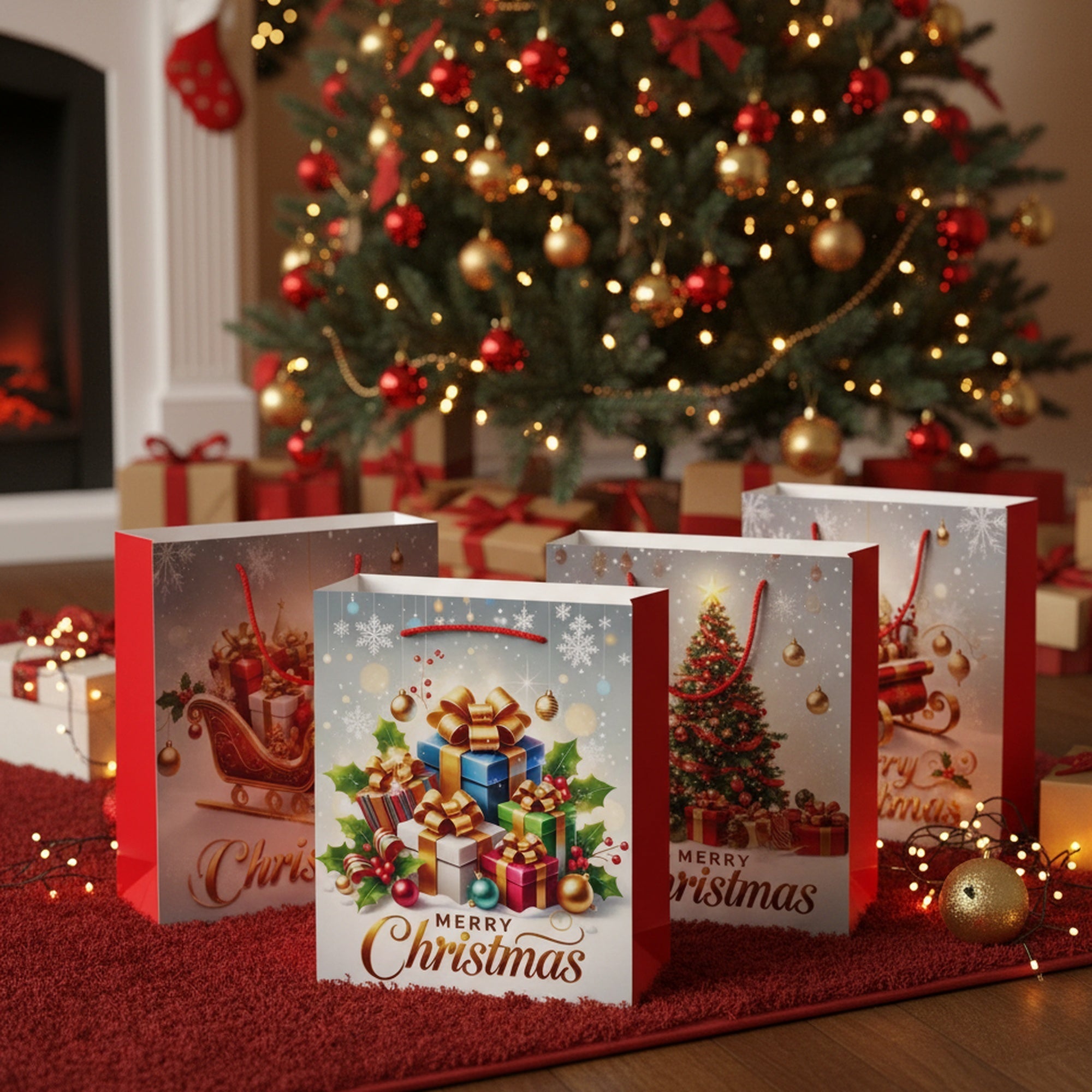 Christmas Gift Bags Merry Christmas Assorted Medium, Christmas, Holiday Decor- Set of 12