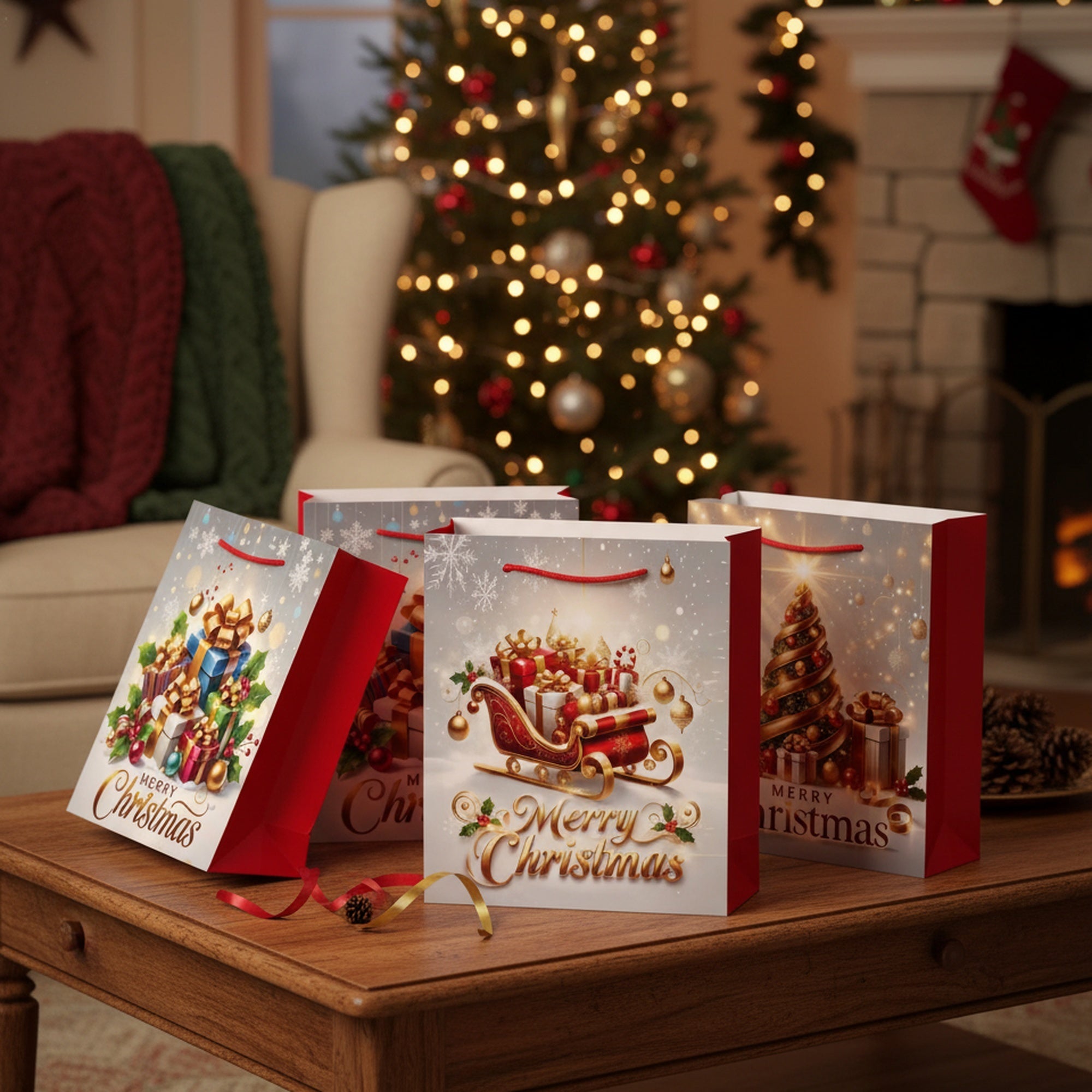Christmas Gift Bags Merry Christmas Assorted Large, Christmas, Holiday Decor- Set of 12