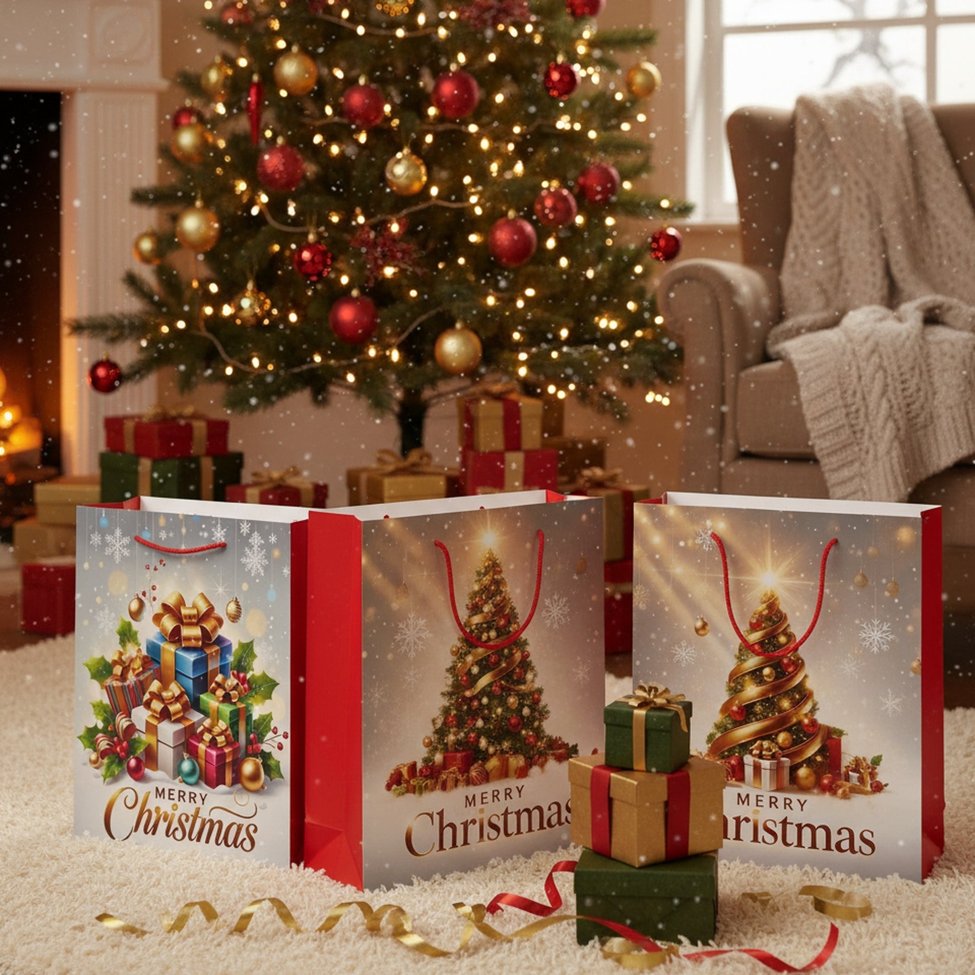 Christmas Gift Bags Merry Christmas Assorted Large, Christmas, Holiday Decor- Set of 12