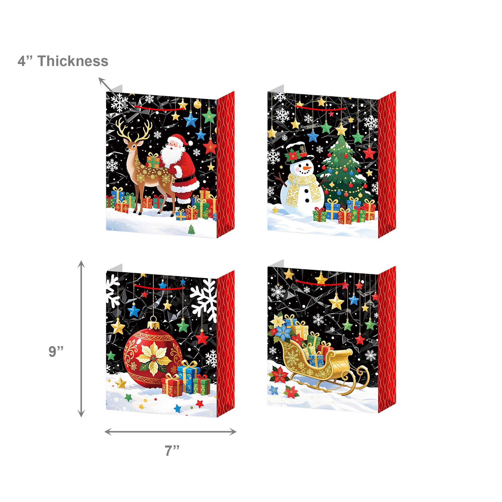 Christmas Gift Bags Black with Glitters Assorted Medium, Christmas, Holiday Decor- Set of 12