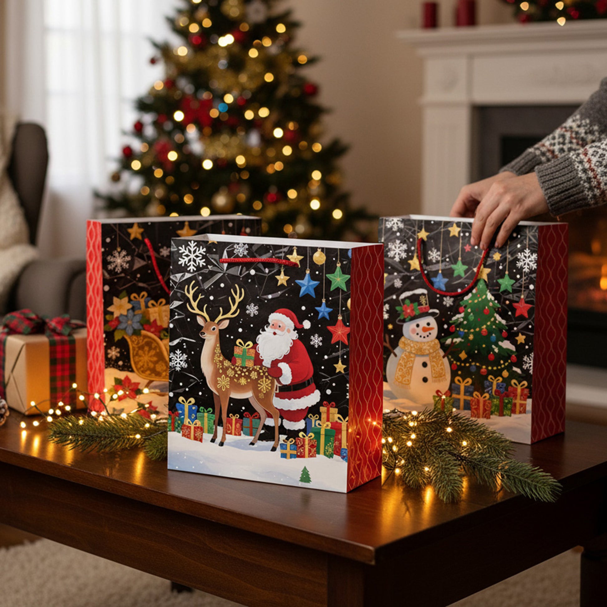 Christmas Gift Bags Black with Glitters Assorted Medium, Christmas, Holiday Decor- Set of 12