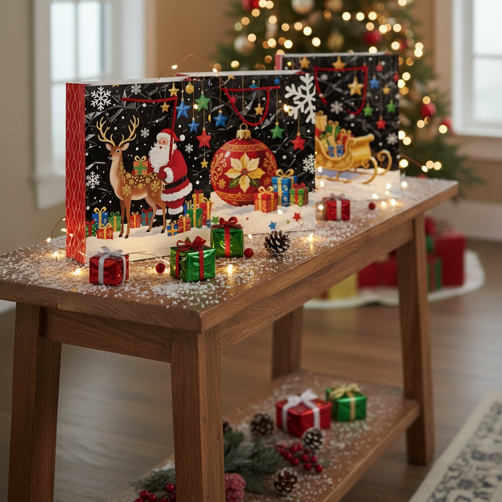 Christmas Gift Bags Black with Glitters Assorted Medium, Christmas, Holiday Decor- Set of 12