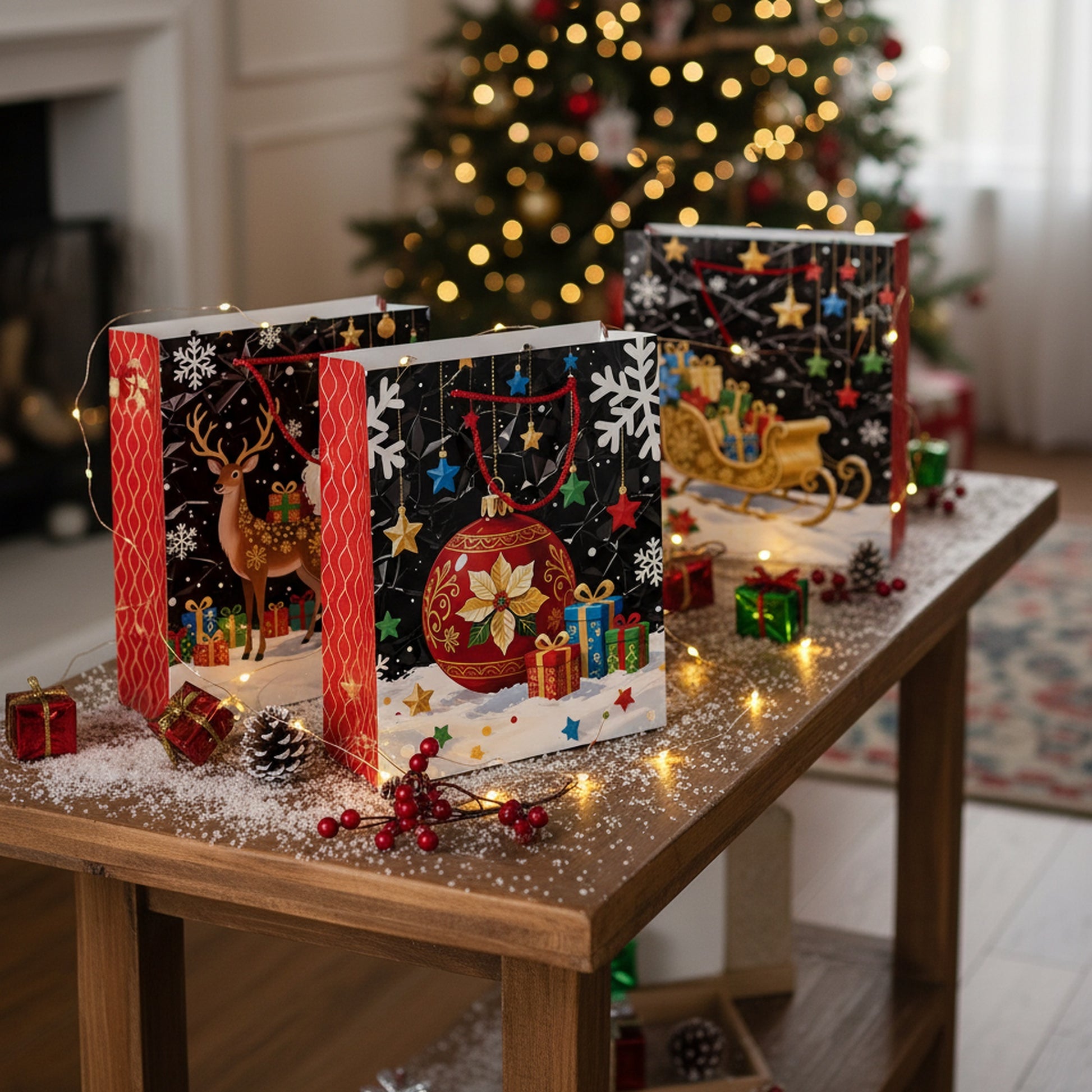 Christmas Gift Bags Black with Glitters Assorted Medium, Christmas, Holiday Decor- Set of 12