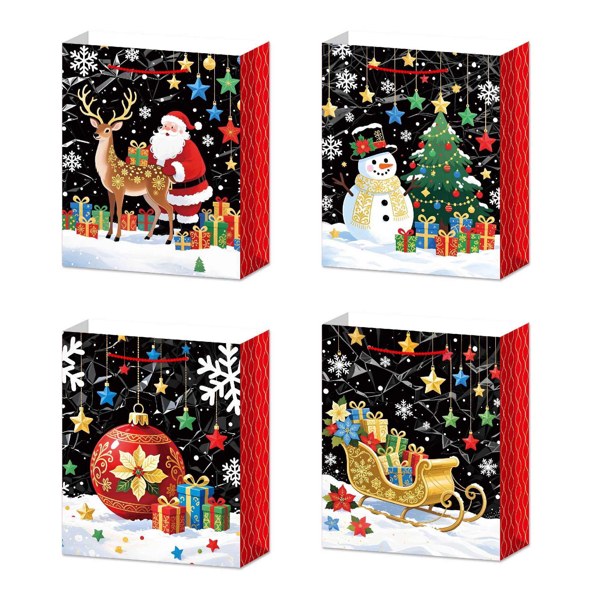 Christmas Gift Bags Black with Glitters Assorted Medium, Christmas, Holiday Decor- Set of 12