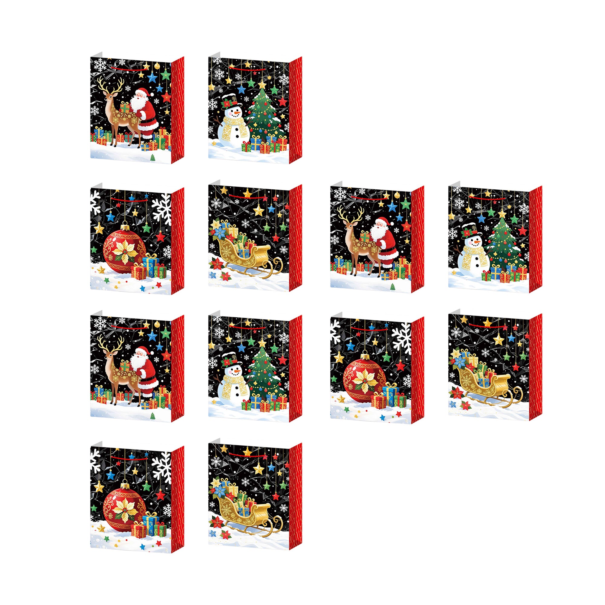 Christmas Gift Bags Black with Glitters Assorted Medium, Christmas, Holiday Decor- Set of 12
