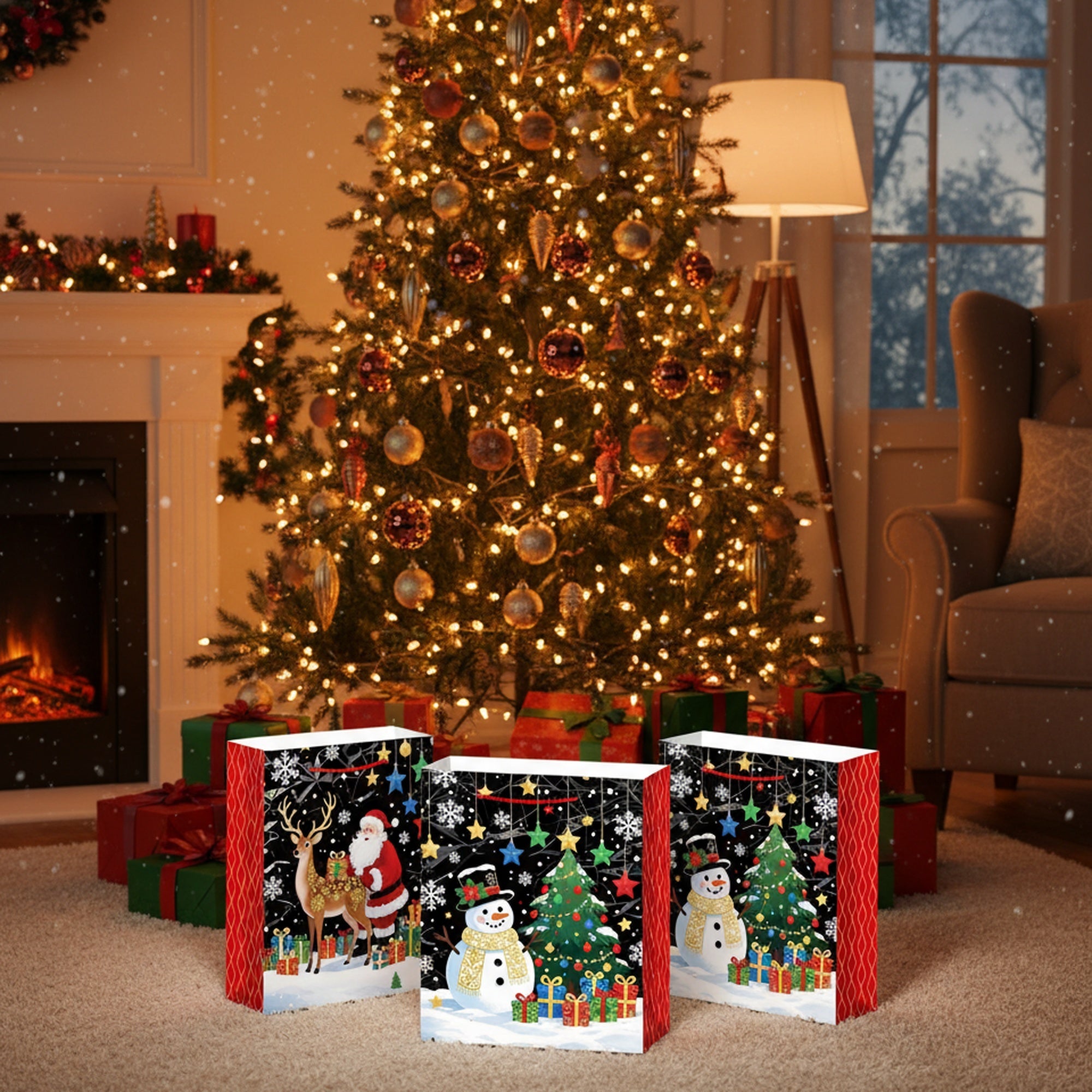 Christmas Gift Bags Black with Glitters Assorted Large, Christmas, Holiday Decor- Set of 12