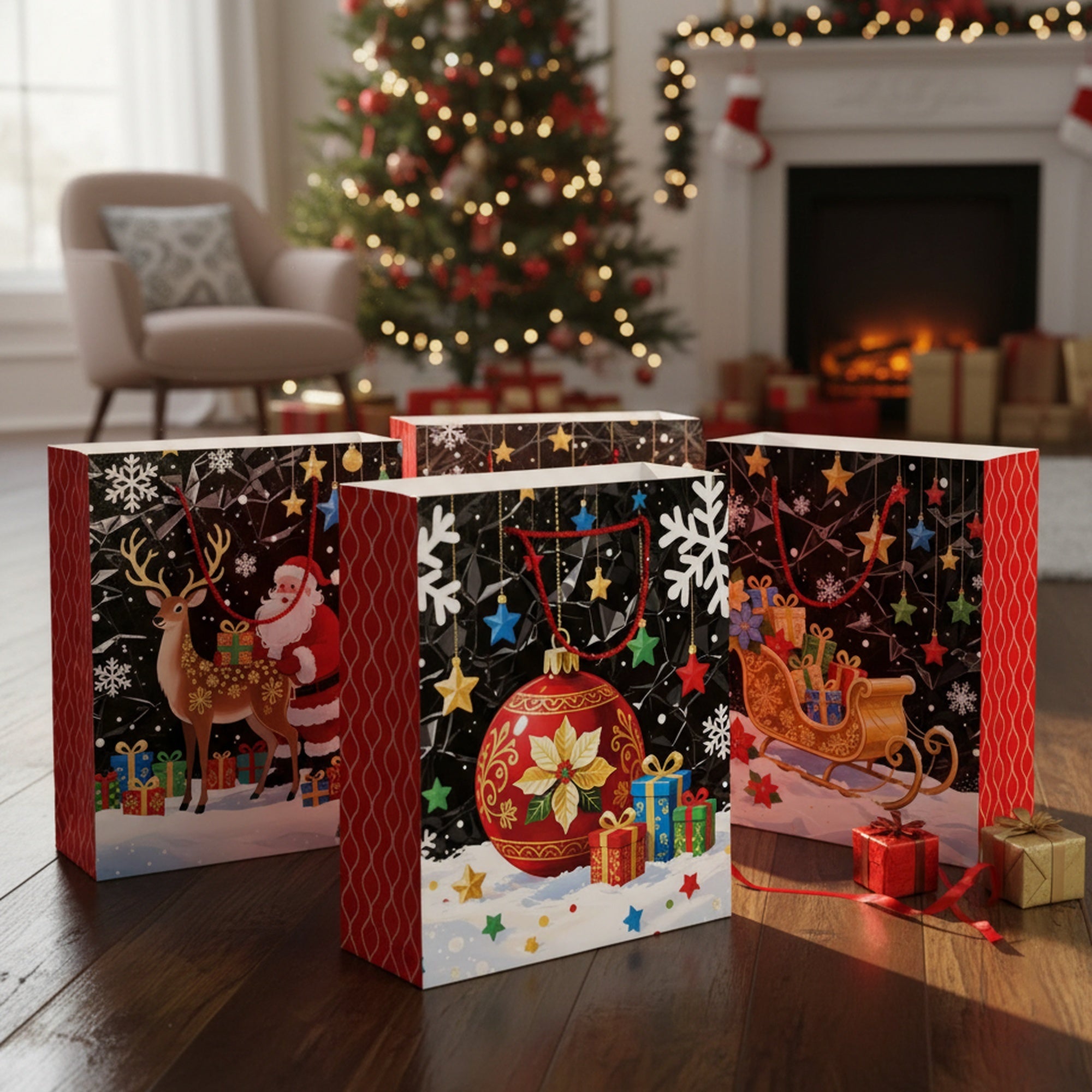 Christmas Gift Bags Black with Glitters Assorted Large, Christmas, Holiday Decor- Set of 12